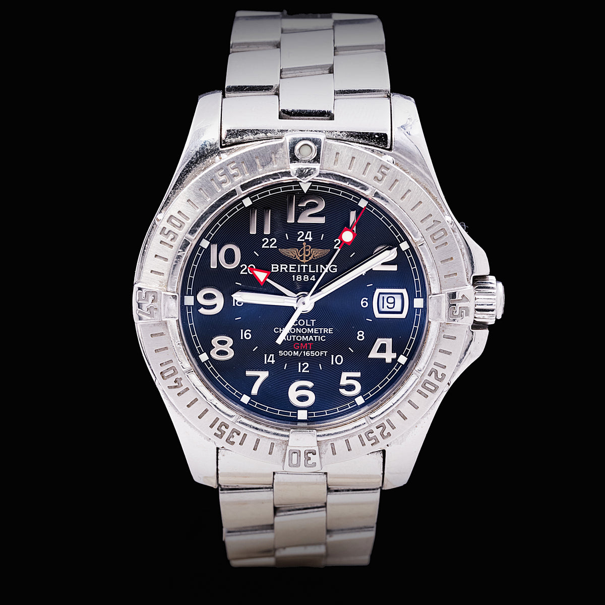 Breitling Colt GMT acier Ref. A32350, cadran bleu nuit et lunette à quatre plots