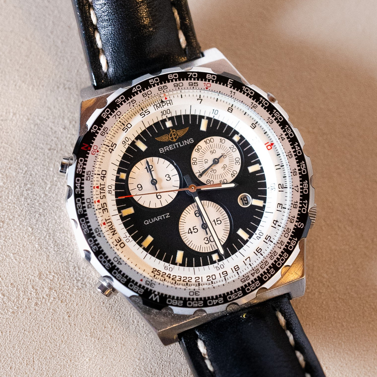 Breitling Navitimer Jupiter Pilot steel Ref. 80975, reverse panda dial in black with cream registers and graduated rotating bezel