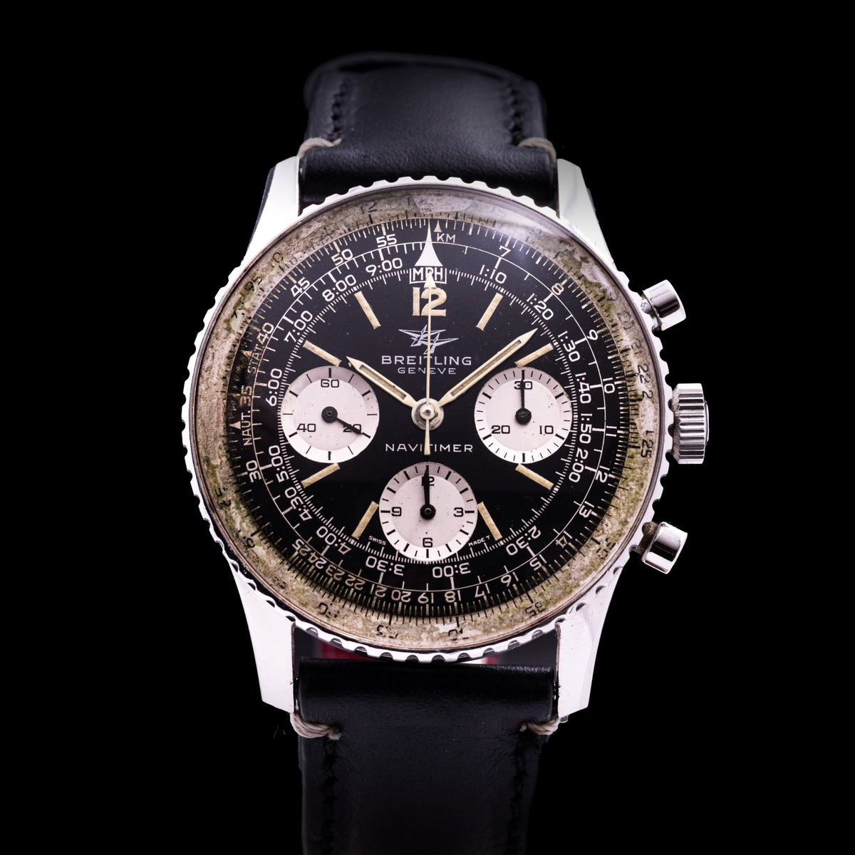 Breitling Navitimer Twin Jet acier Ref. 806, cadran laqué noir à trois compteurs blancs et lunette crantée à règle à calcul
