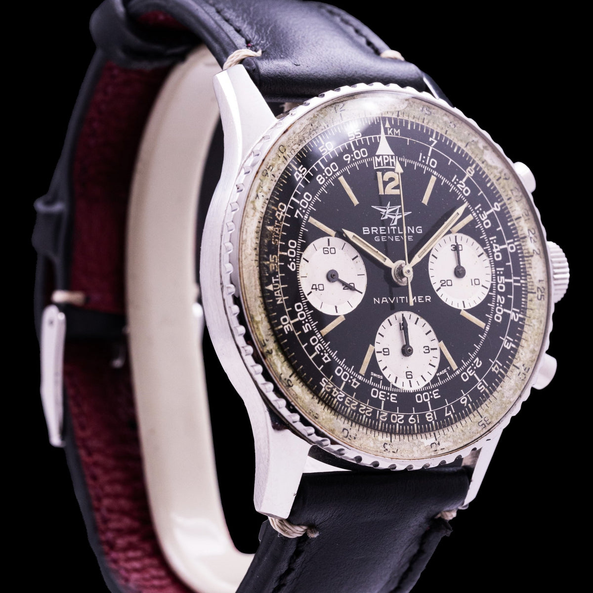 Breitling Navitimer Twin Jet steel Ref. 806, black lacquered dial with three white registers and notched slide-rule bezel
