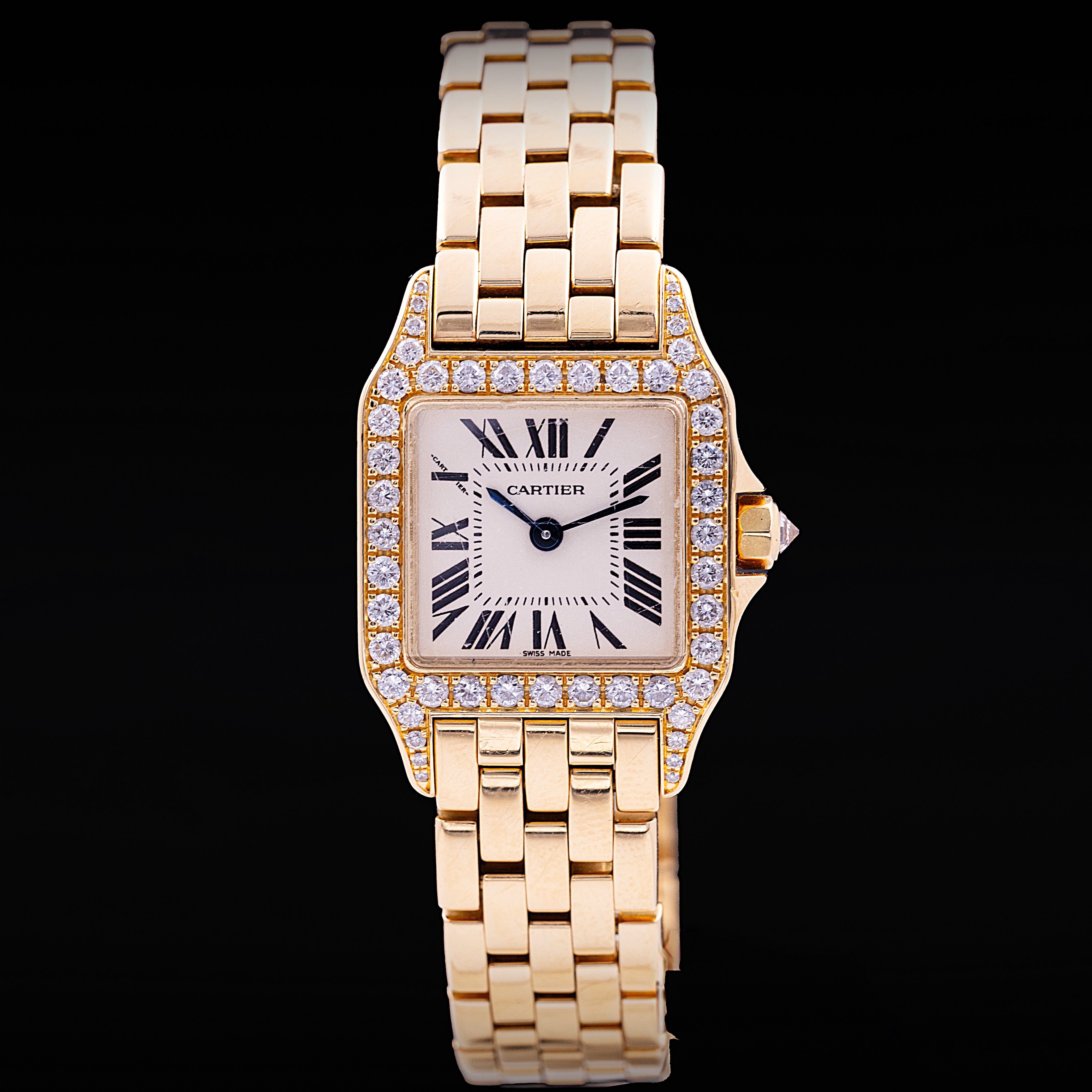 Montre Cartier Santos Demoiselle or jaune diamants cadran silver chiffres romains Ref. WF9001Y7
