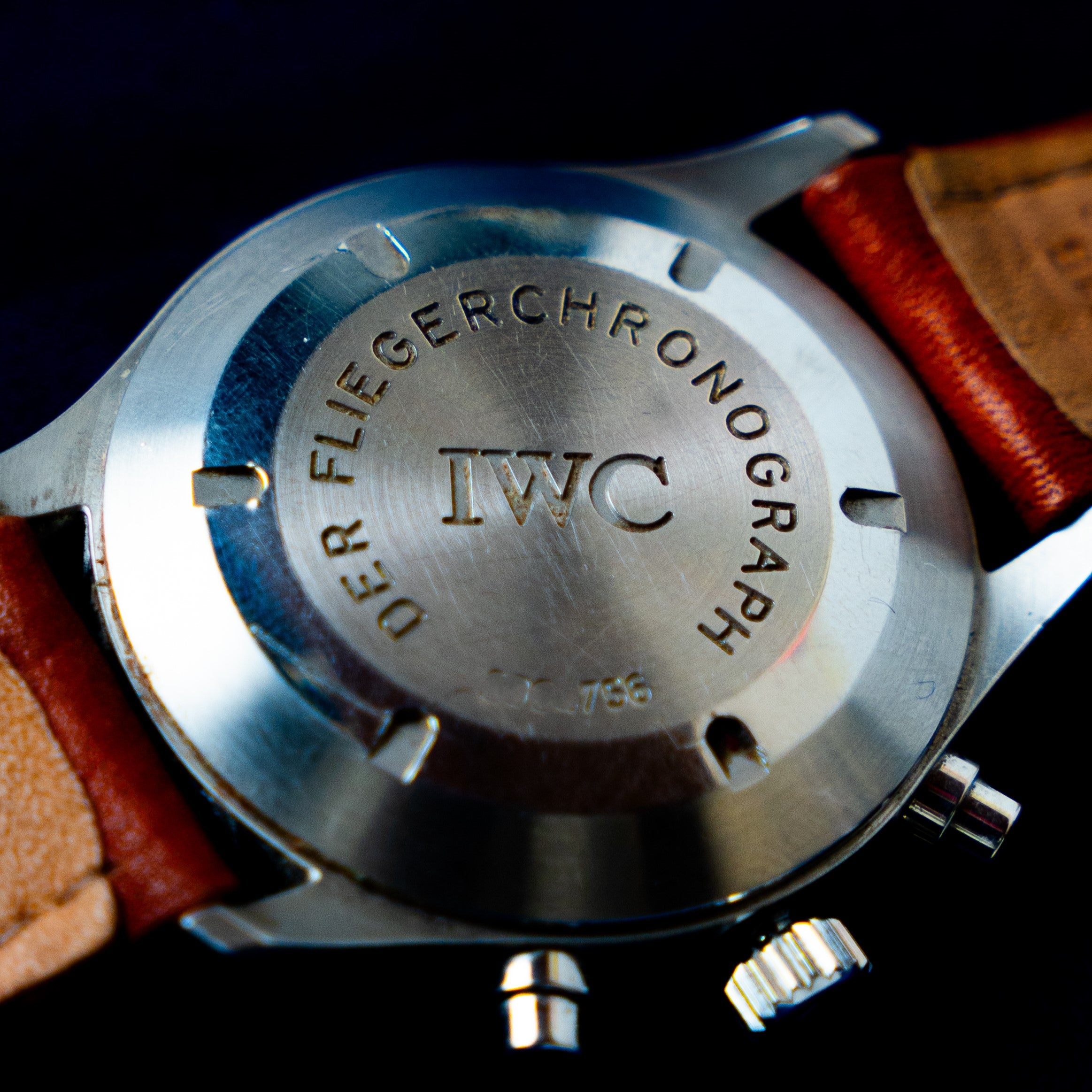 IWC Schaffhausen's Fliegerchronograph vintage self-winding chronograph Ref 3706 from the 1990's, in steel with date and days of the week, small seconds at 9 o'clock, as well as hands and indexes treated with Tritium case back view