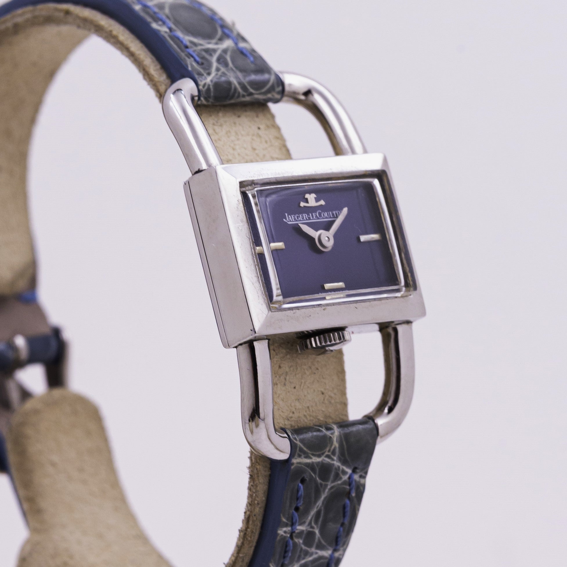 Jaeger-LeCoultre Étrier steel watch Ref. 1670.42 blue-grey dial leather strap 1960s