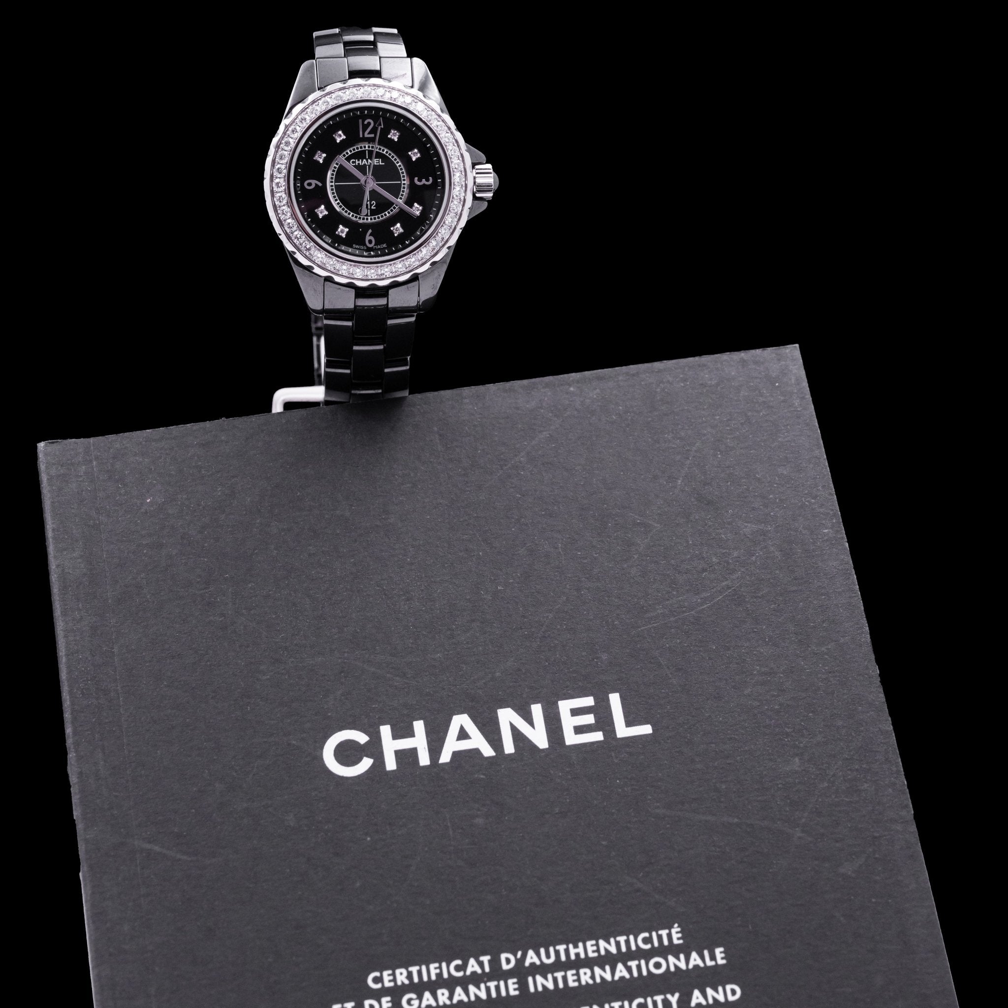 CHANEL J 12 NOIRE FEMME LUNETTE DIAMANTS - montre vintage - Contre - Temps Paris