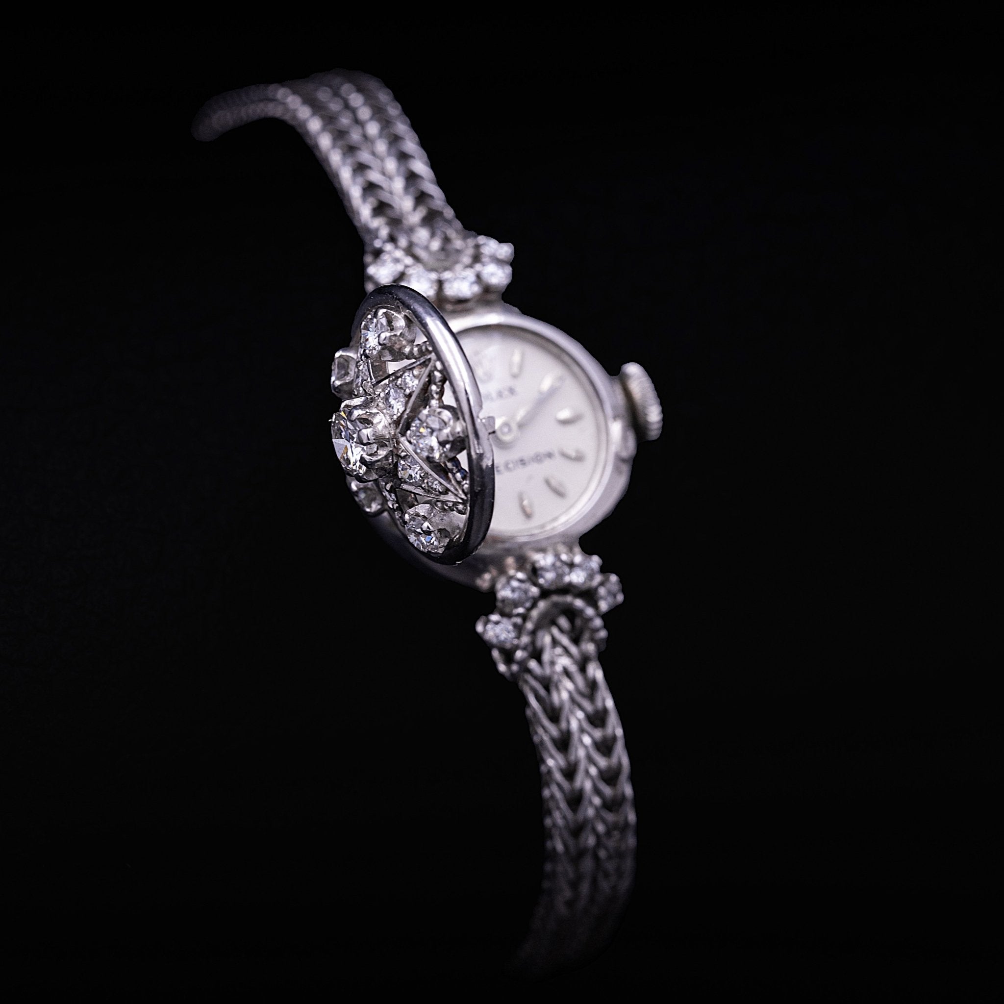 Rolex Precision à capot, Or blanc et diamants, années 50 - montre vintage - Contre-Temps Paris