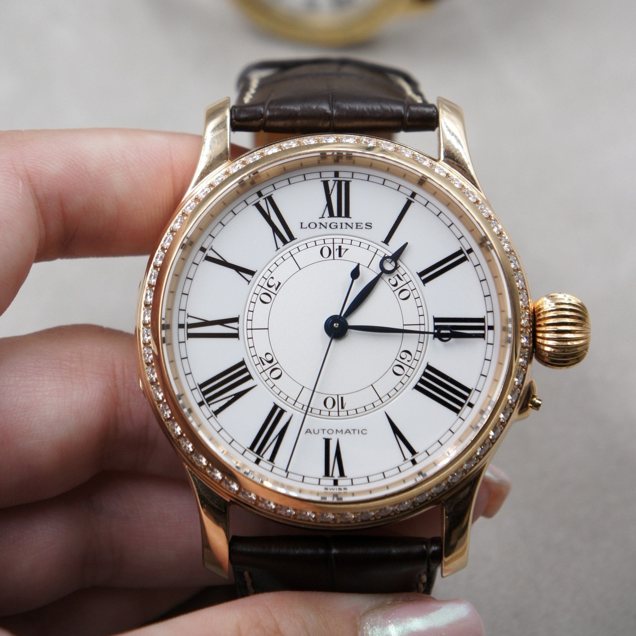 LONGINES WEEMS HERITAGE SECOND - SETTING OR ROSE ET DIAMANTS - montre vintage - Contre - Temps Paris