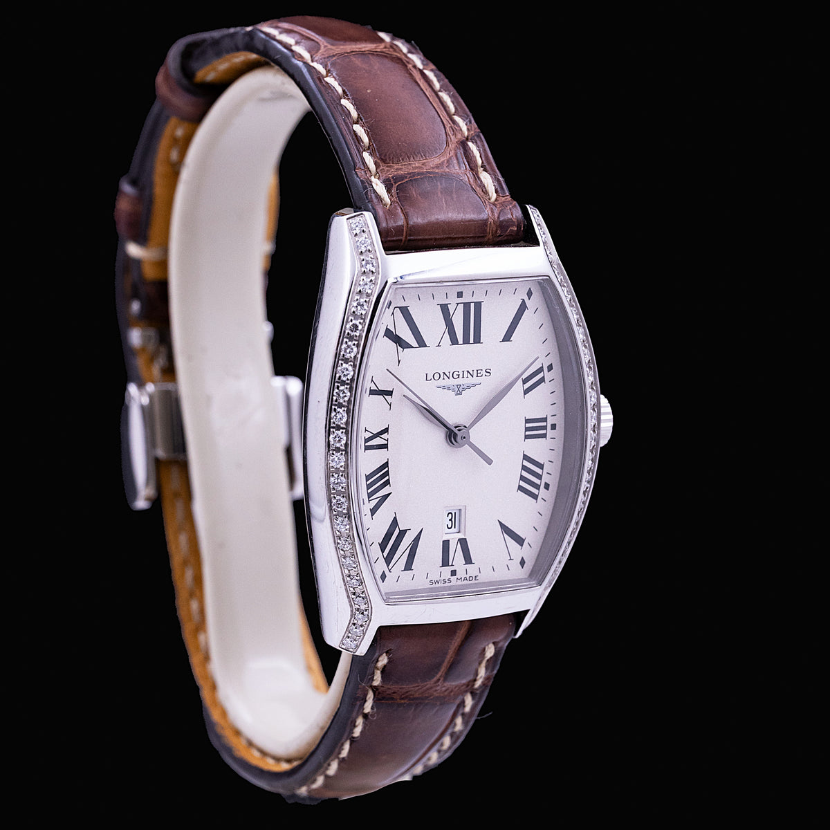 Longines Evidenza Ref. L2.155.0 in steel, tonneau case with diamond-set flanks, silver dial, leather strap and folding clasp