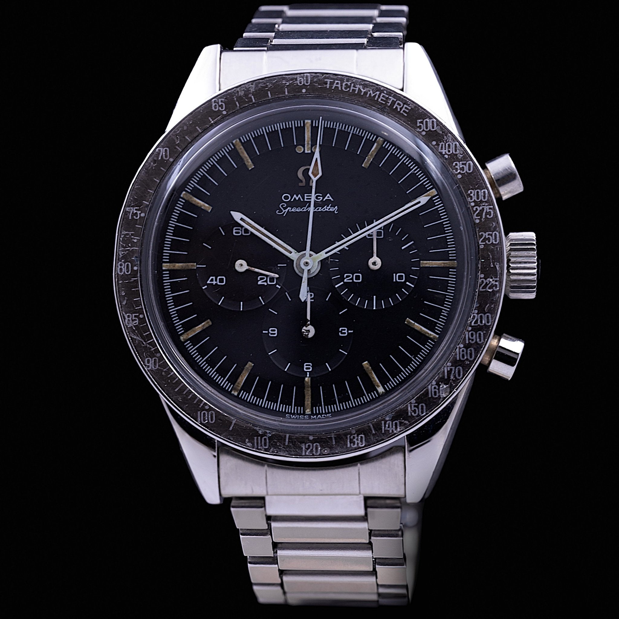 Omega Speedmaster Professional référence CK2998, calibre 321, boîtier acier 39 mm, cadran noir pre-Professional, lunette tachymétrique chocolat, circa 1960