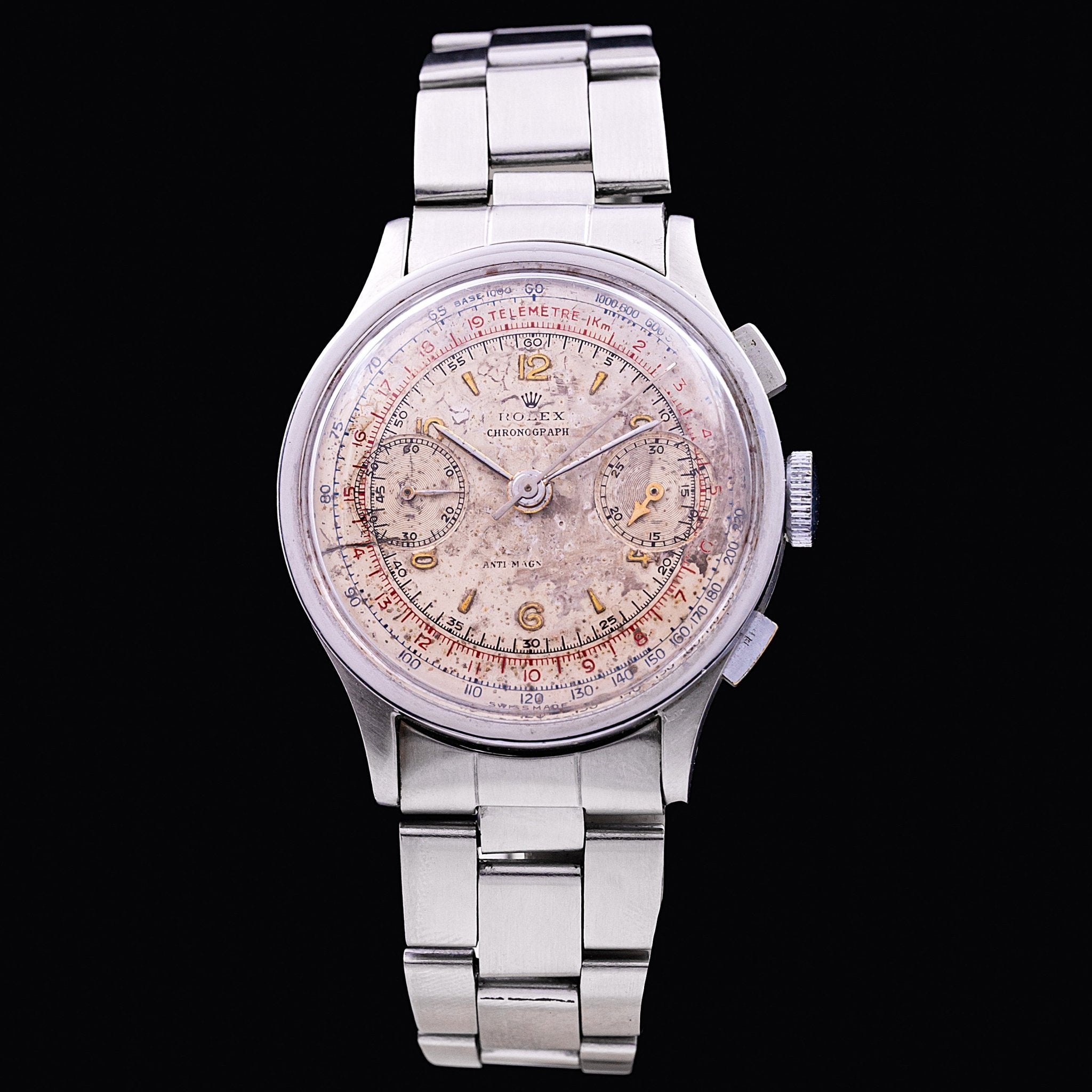 Rolex Chronograph Anti-Magnetic Ref. 2508, acier 35 mm, cadran argent patiné à deux compteurs, échelles polychromes, bracelet Oyster, années 1940