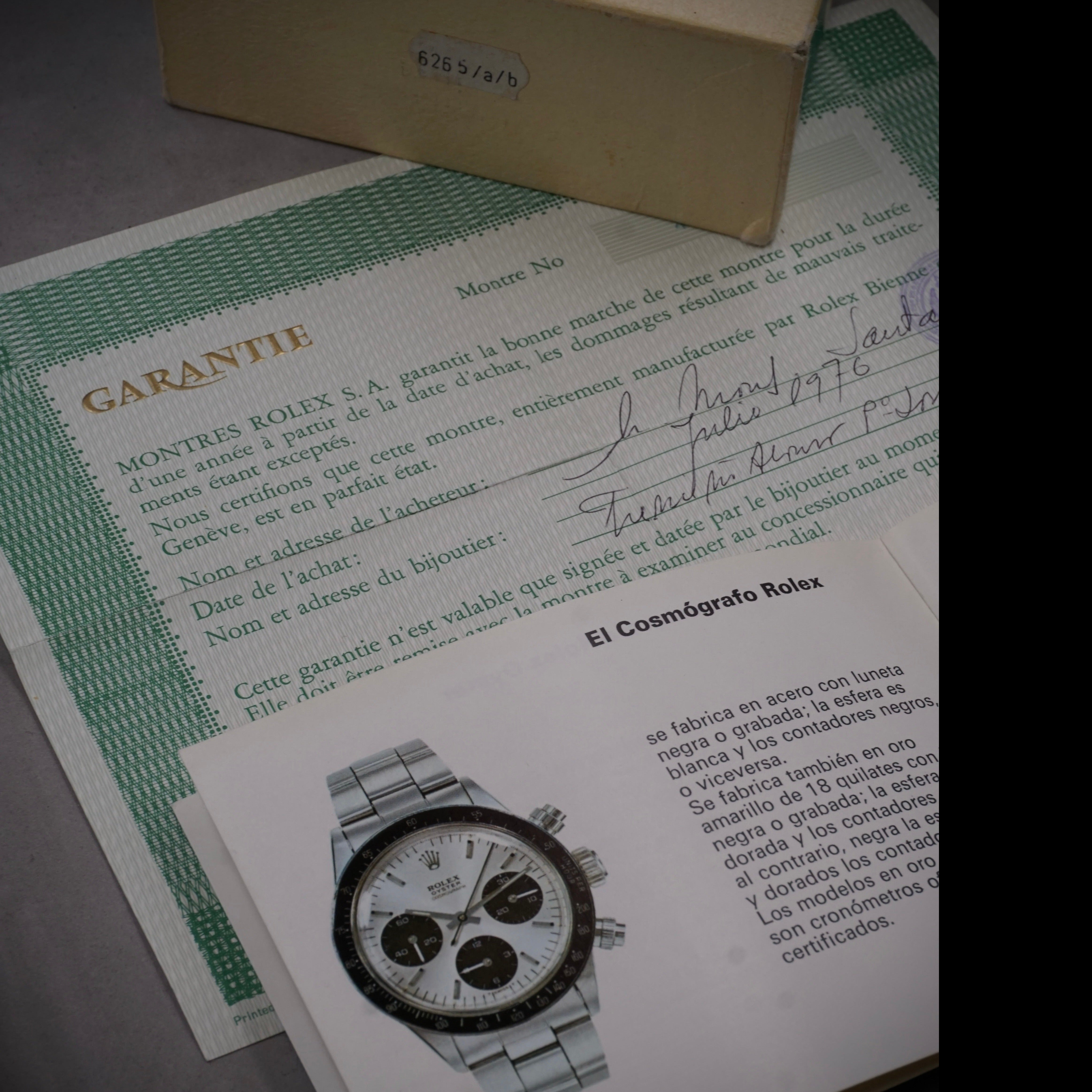 Rare and original Rolex Cosmograph Daytona vintage steel hand wound chronograph, Ref 6265 "Sigma" silver dial on folded steel Oyster strap from 1976 certificate view