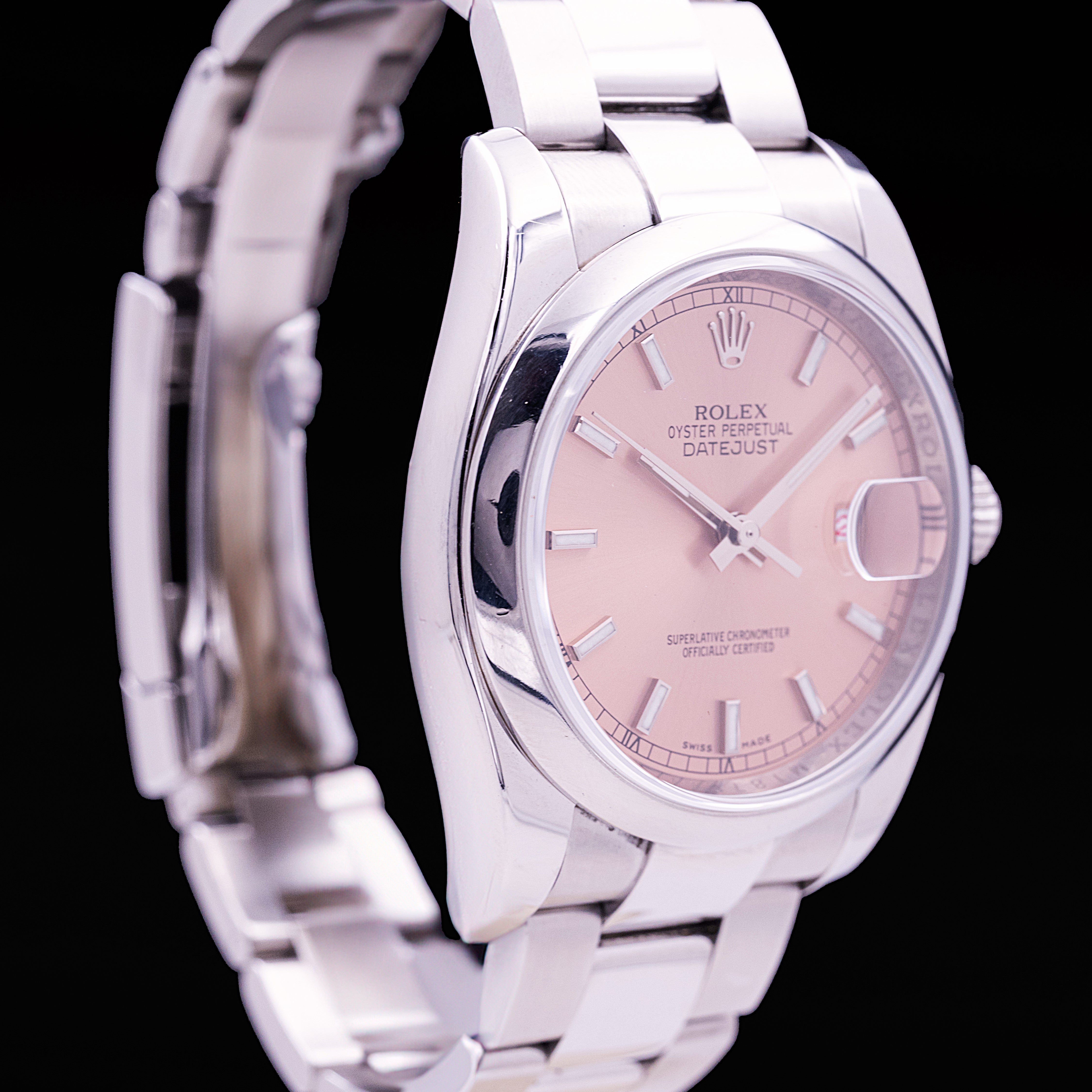 Rolex Datejust steel 36 mm salmon dial red date smooth bezel watch Ref. 116200