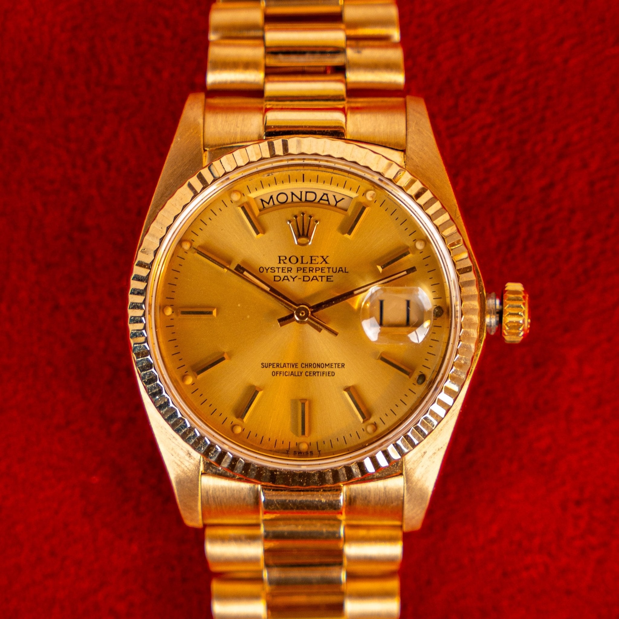 Rolex Oyster Perpetual Day-Date référence 18038, or jaune 18 carats, bracelet President, cadran champagne, circa 1980