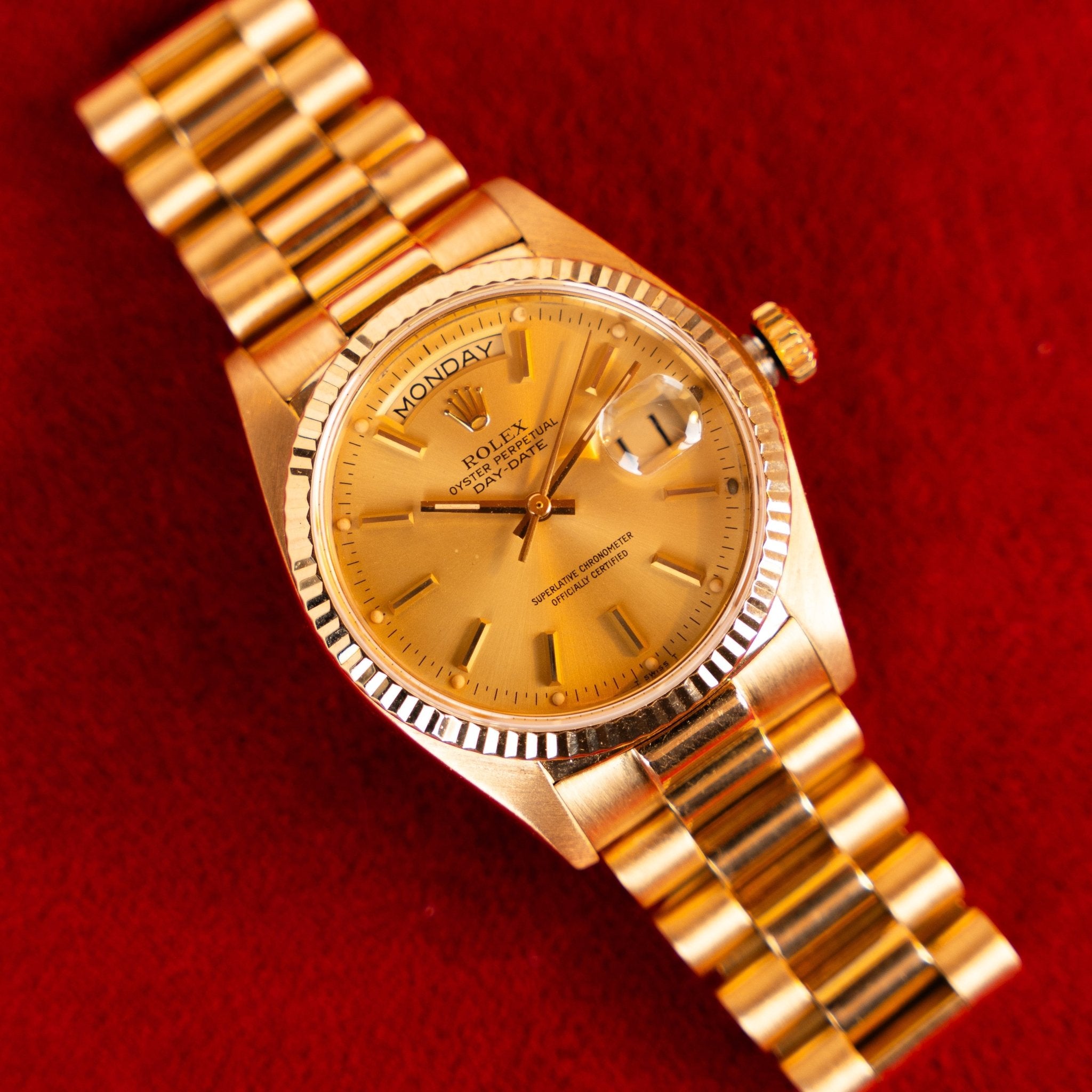 Rolex Day-Date Ref. 18038, 18-carat yellow gold, President bracelet, champagne dial, ca. 1980. Serviced and warranted by Contre-Temps. Paris.