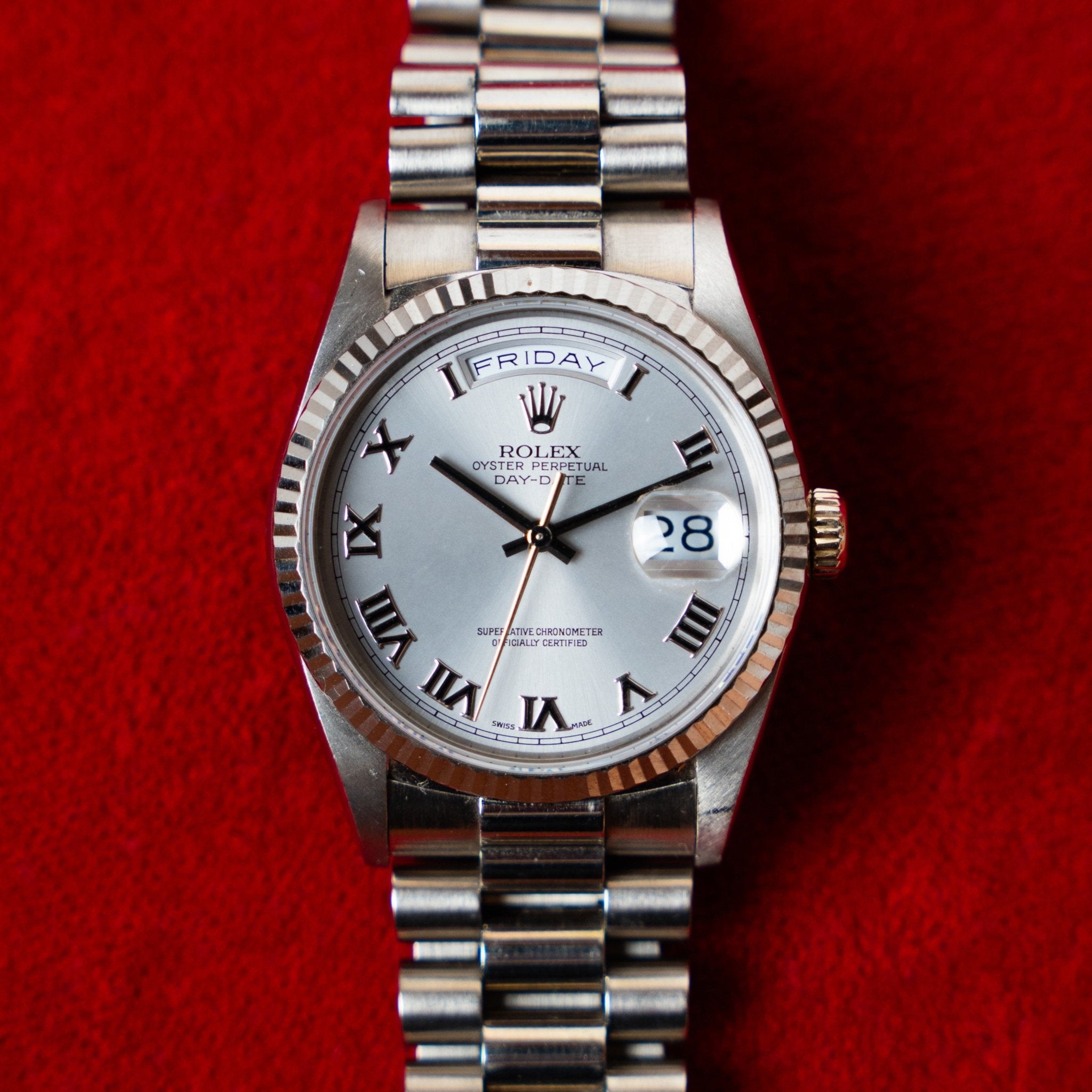 ROLEX DAY DATE OR BLANC BRACELET SUPER PRESIDENT - montre vintage - Contre - Temps Paris