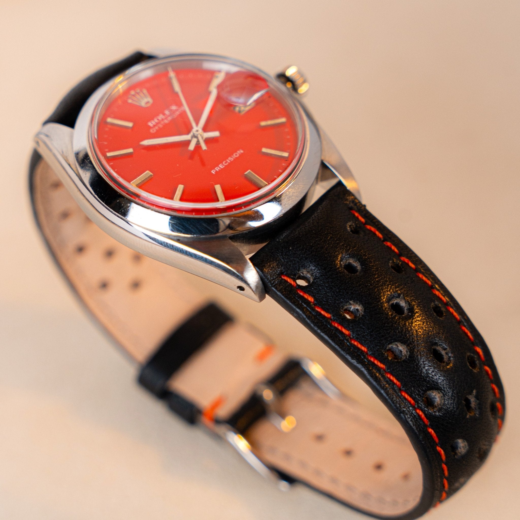 Rolex Oysterdate Precision Ref. 6694 with custom red dial on black leather strap- Contre - Temps Paris