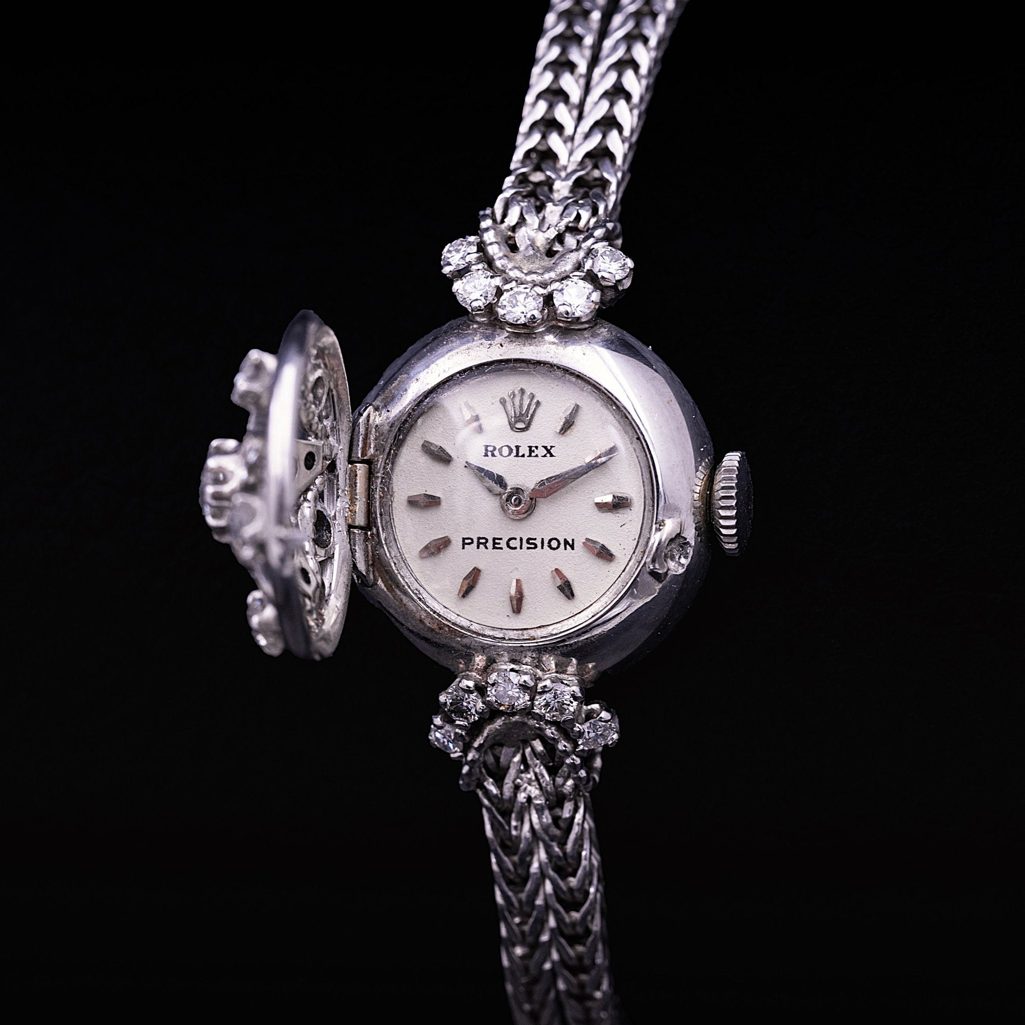 Rolex Precision à capot, Or blanc et diamants, années 50 - montre vintage - Contre-Temps Paris