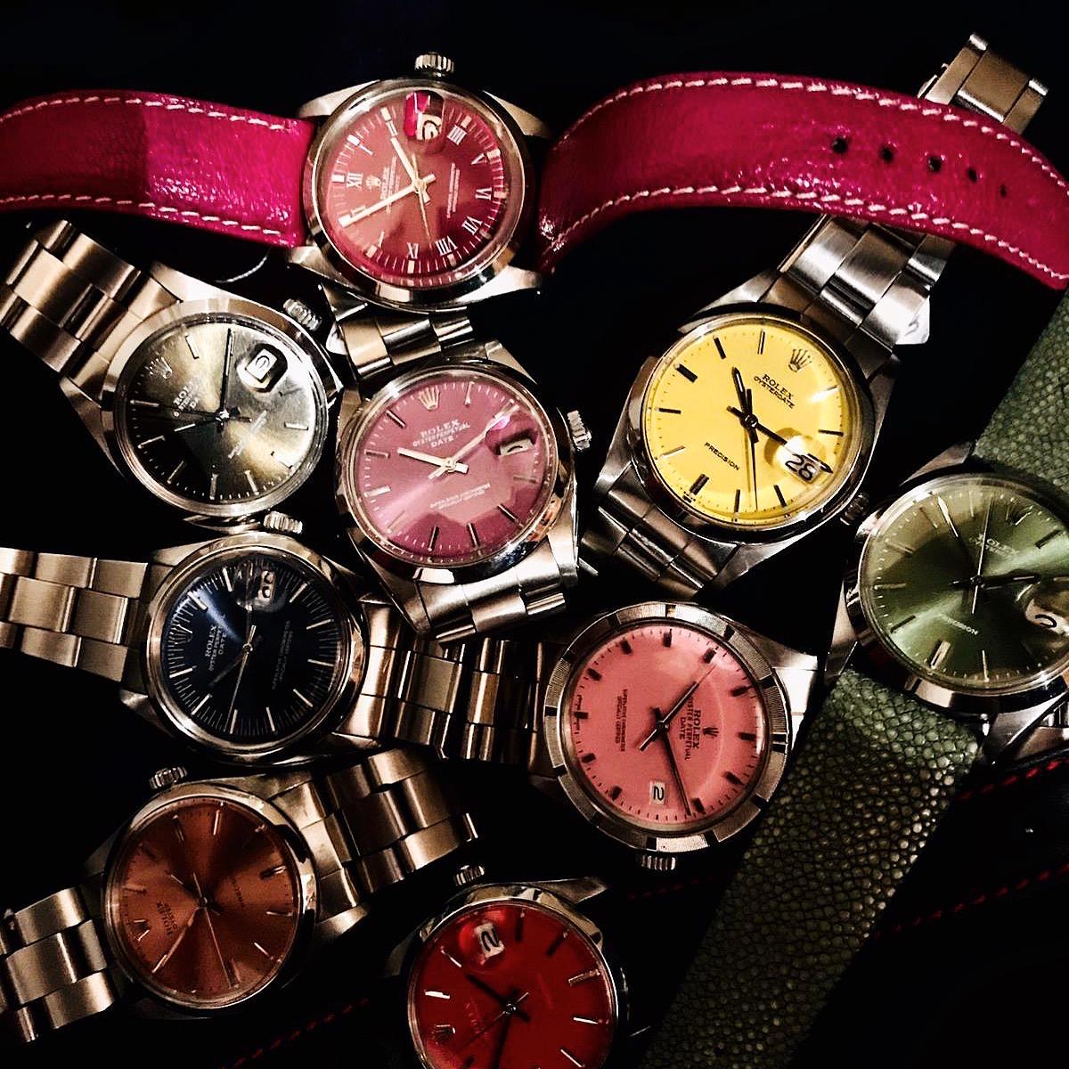 Sélection Rolex Oyster Precision et Perpetual cadrans custom multicolores - Années 70 - Contre-Temps, Paris.