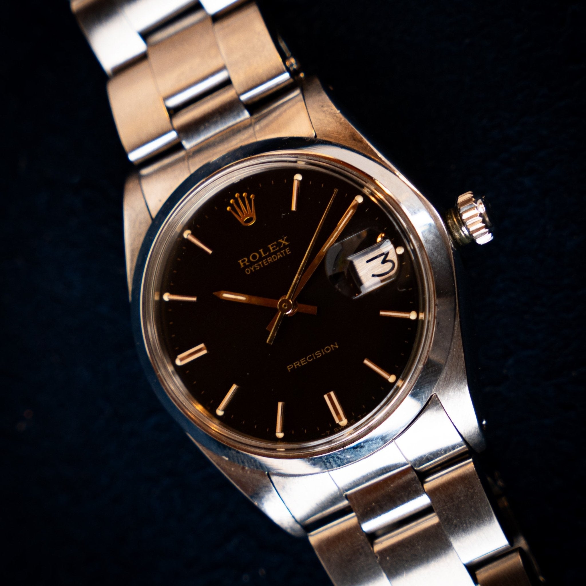 ROLEX OYSTERDATE PRECISION - CADRAN NOIR INDEXES DORES - montre vintage - Contre - Temps Paris