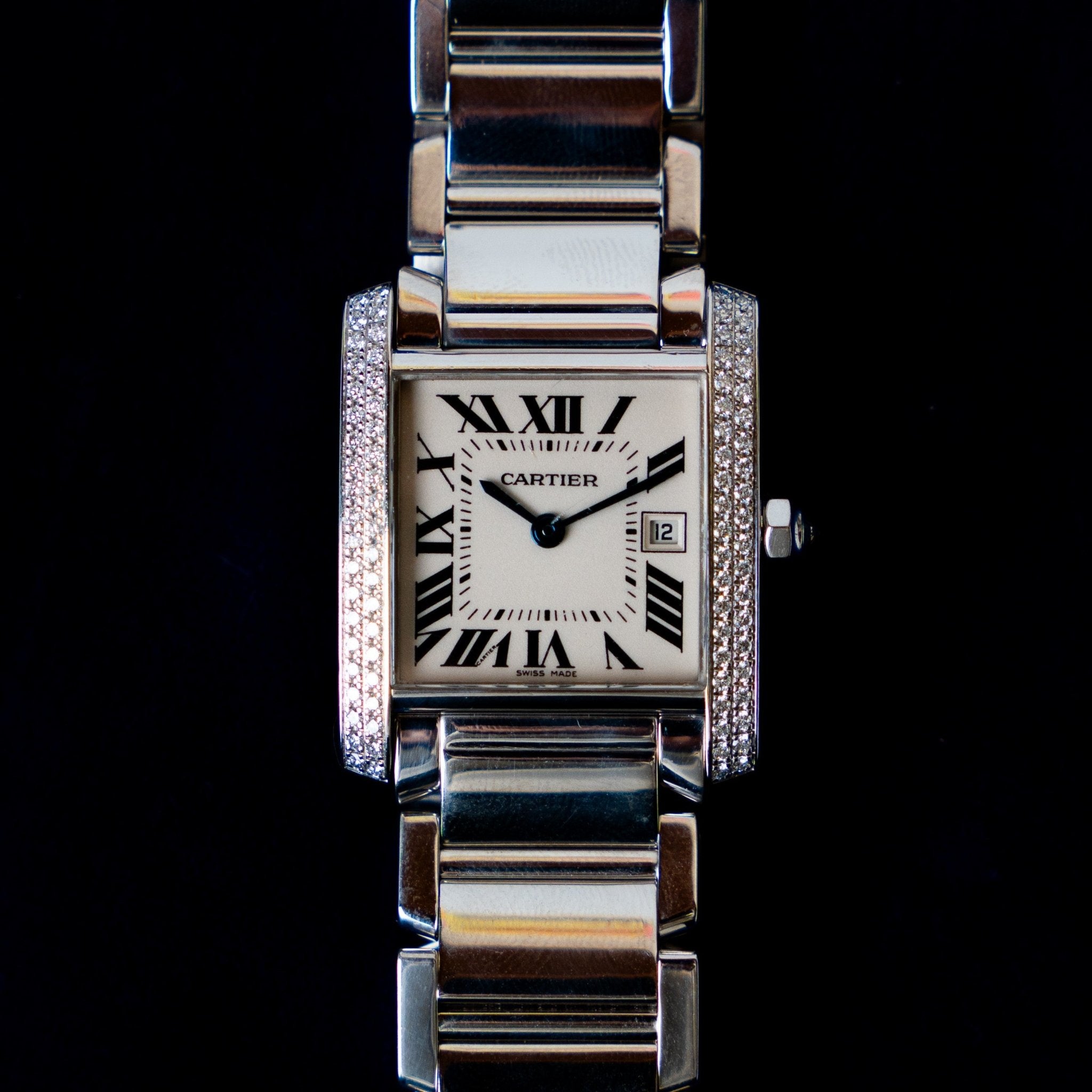 CARTIER TANK FRANCAISE OR BLANC ET DIAMANTS - montre vintage - Contre - Temps Paris