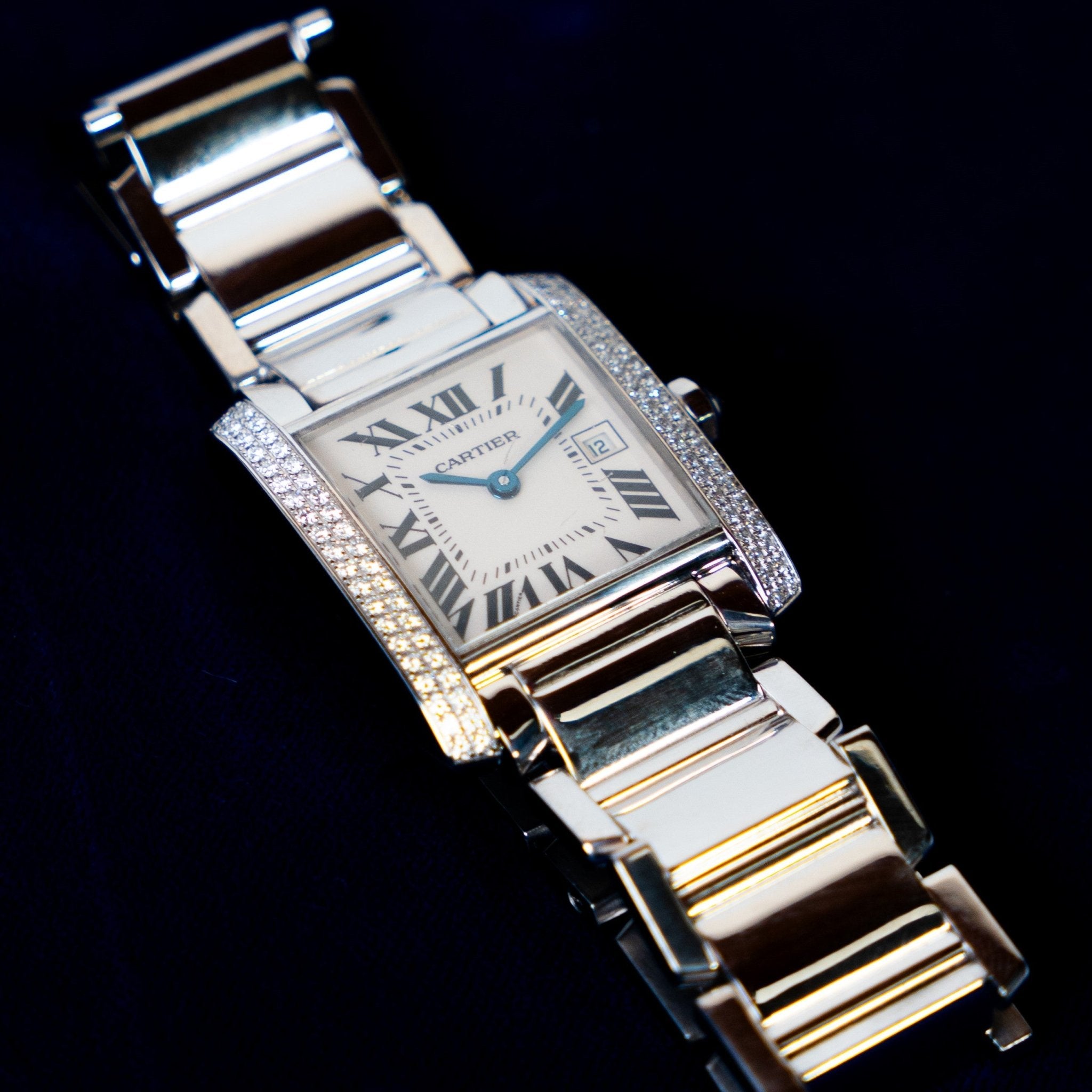 CARTIER TANK FRANCAISE OR BLANC ET DIAMANTS - montre vintage - Contre - Temps Paris