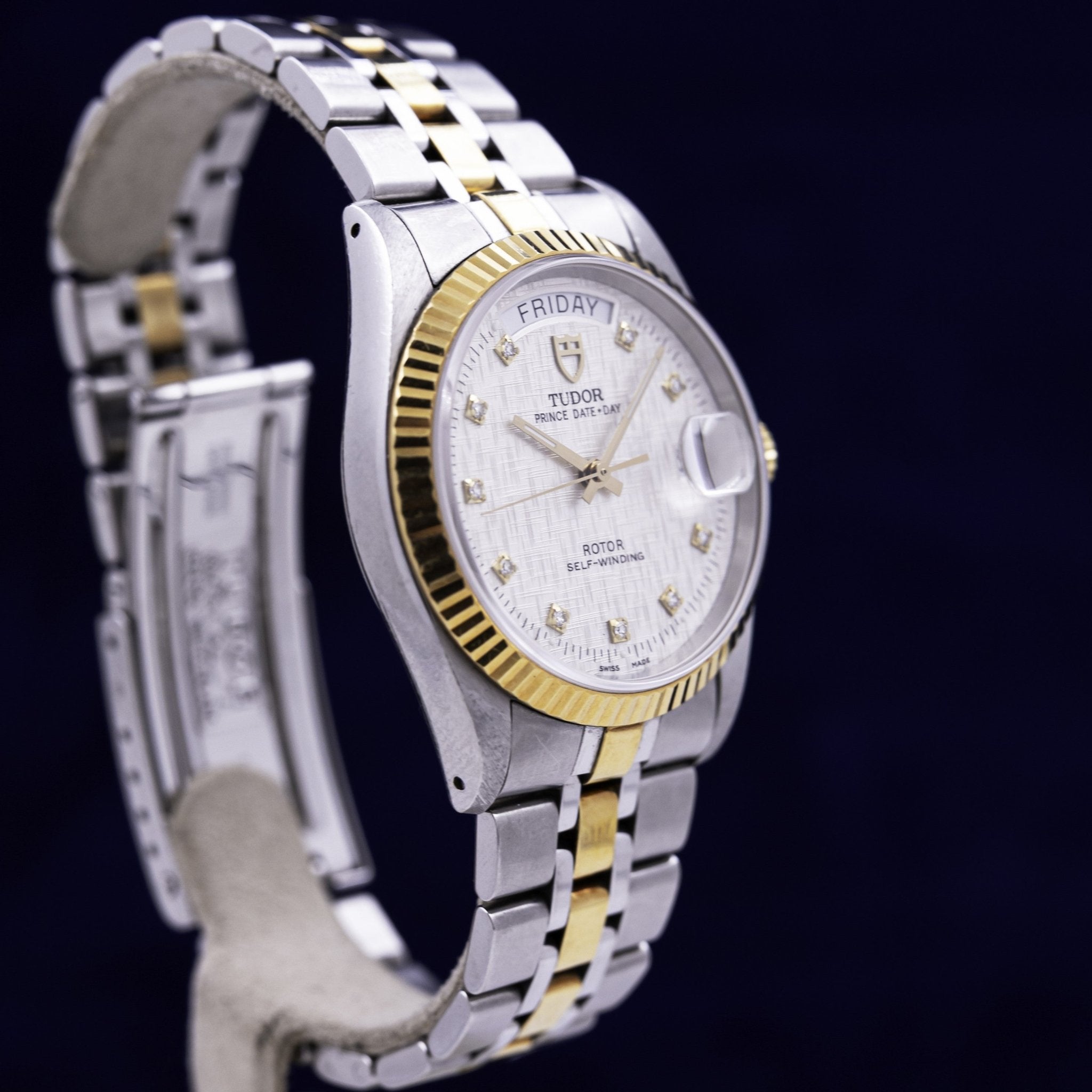 Tudor Prince Date+Day 76213 two-tone, silver diamond-index dial and gold fluted bezel
