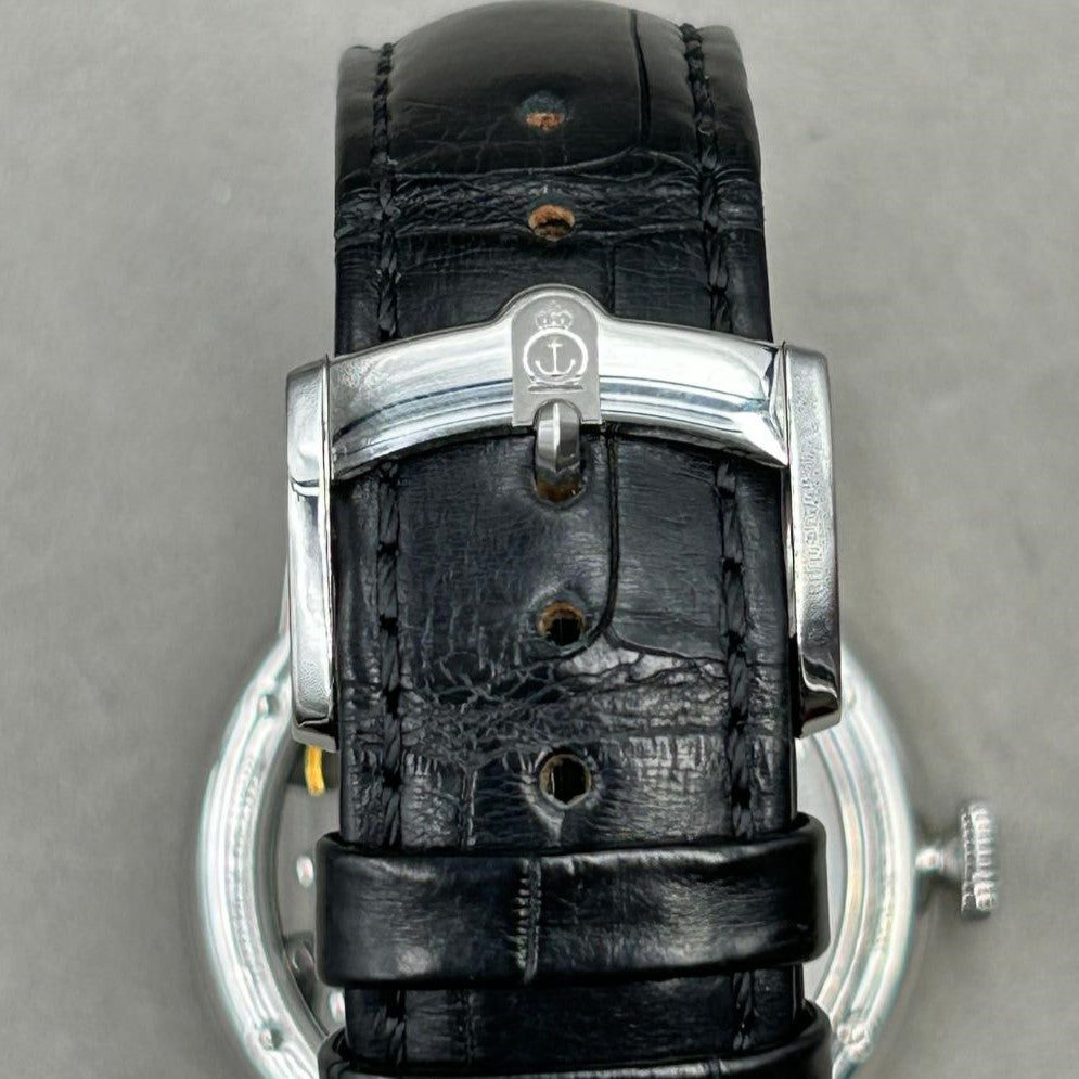 Arnold & Son HMS1  vintage watch in 40 mm steel case from 2001 with manual winding pin buckle view