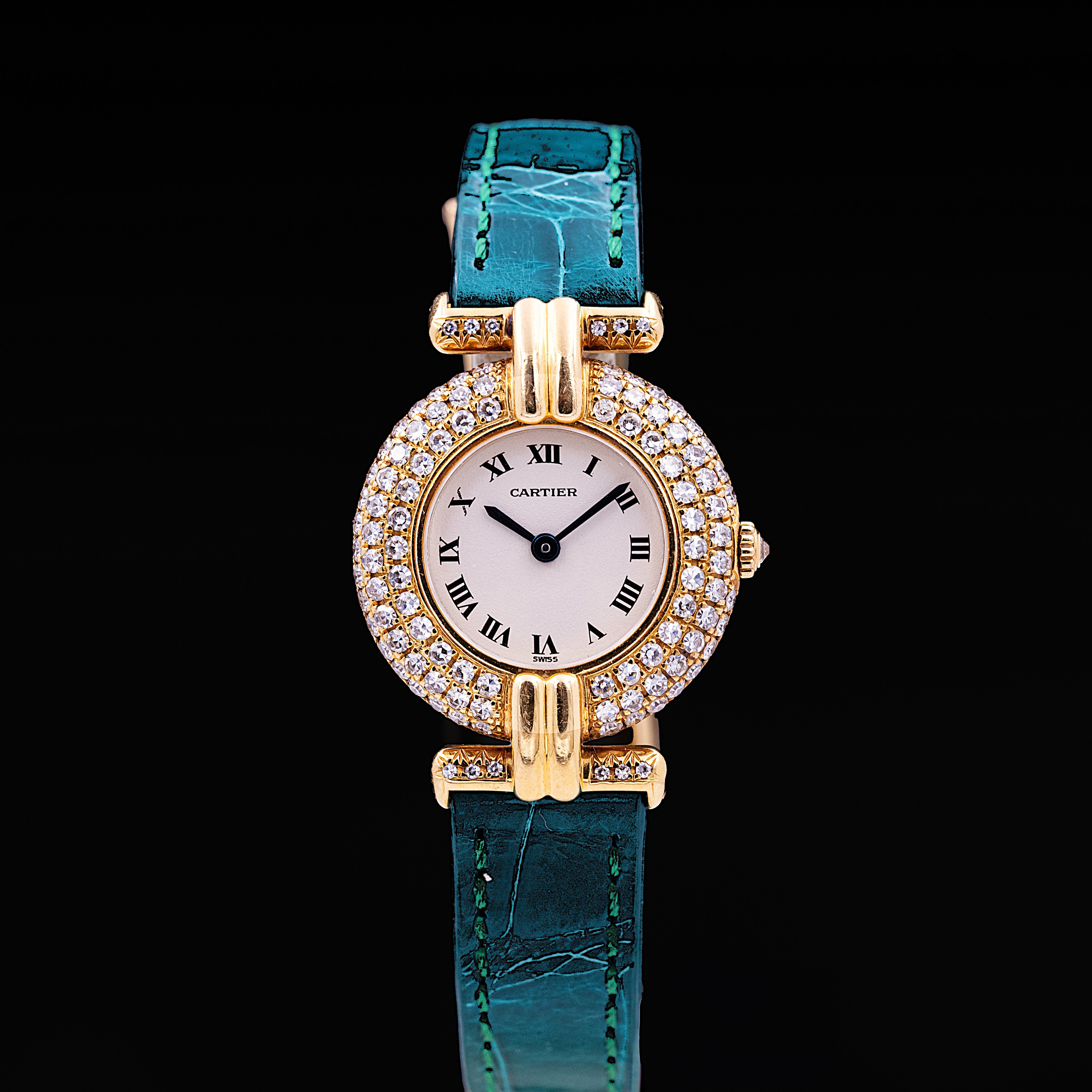 Montre Cartier Colisée or jaune 18 carats diamants cadran romain bracelet turquoise Ref. 881092