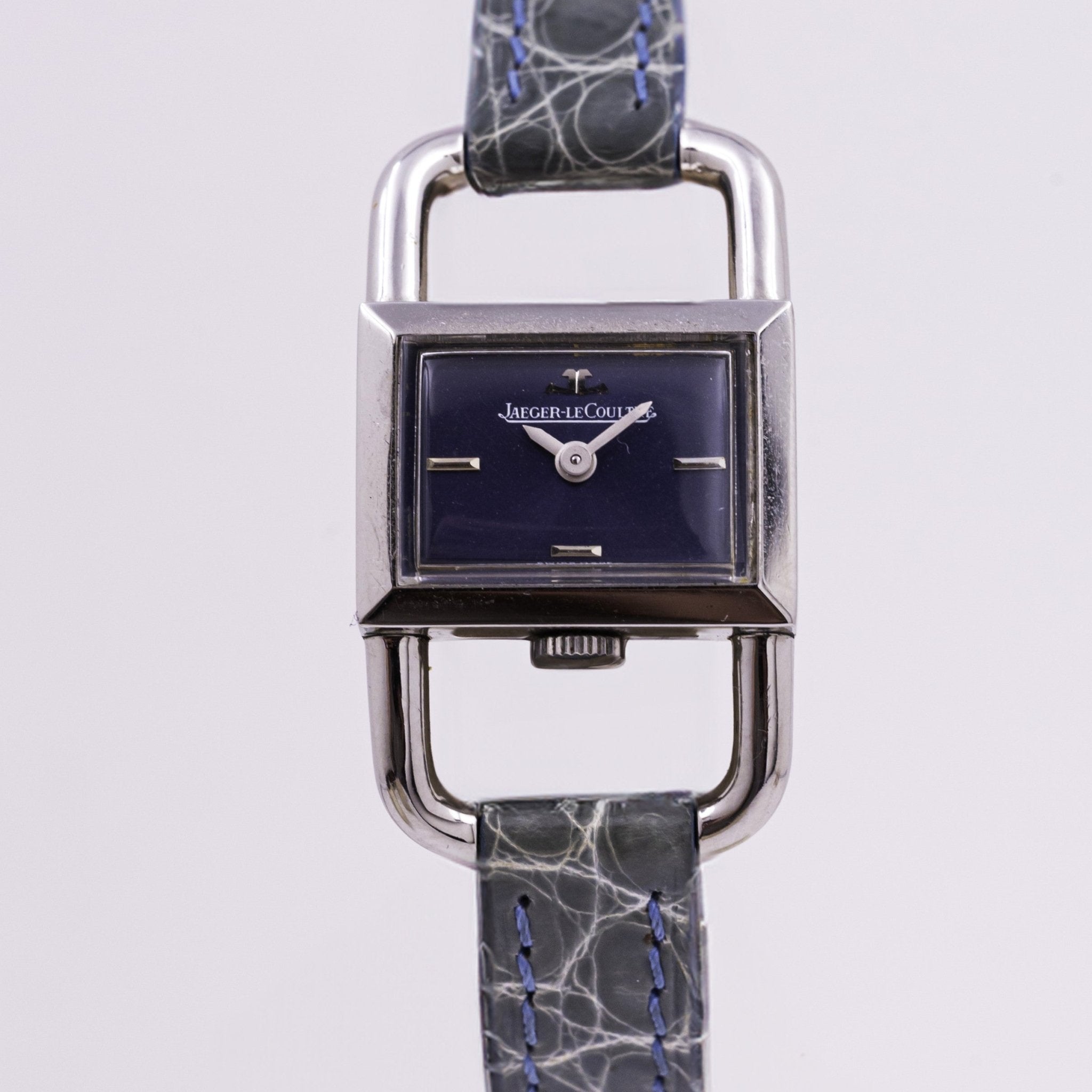 Montre Jaeger-LeCoultre Étrier acier Ref. 1670.42 cadran bleu-gris bracelet cuir années 60