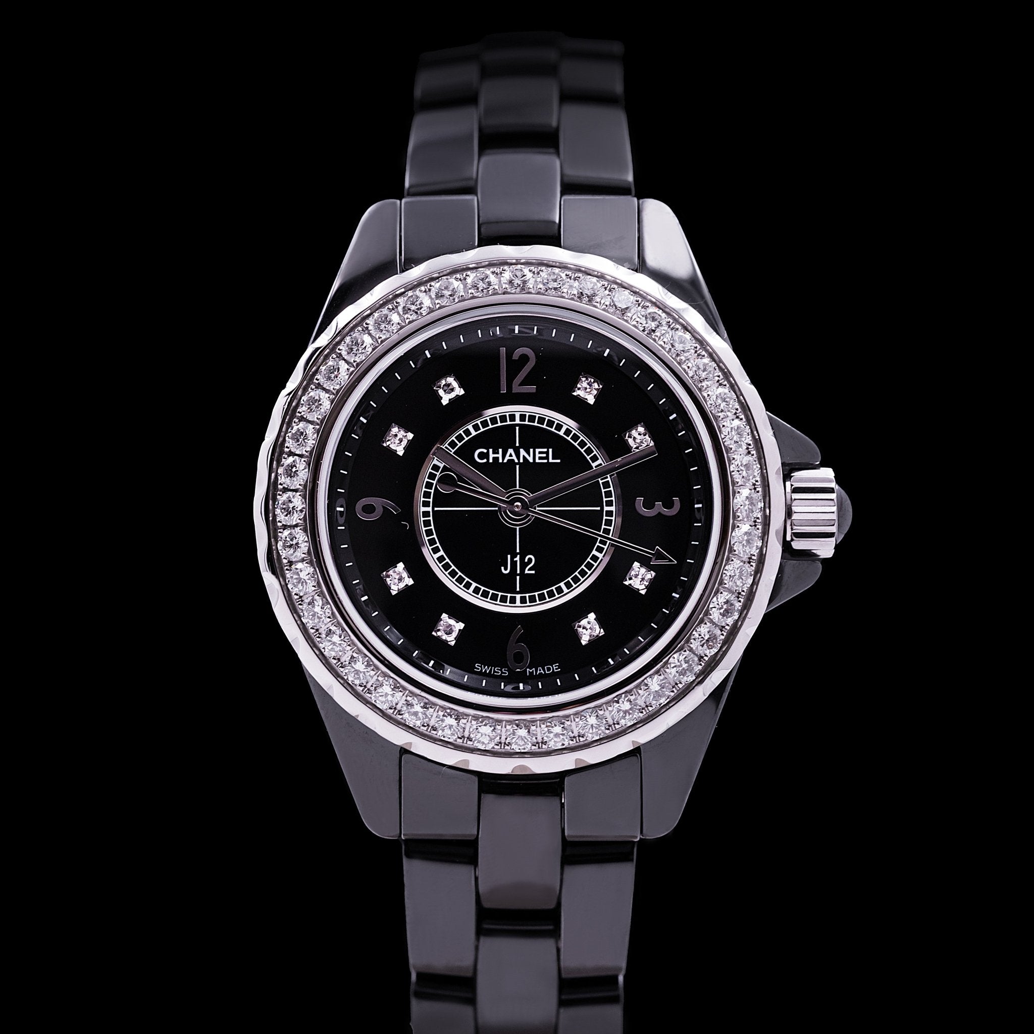 CHANEL J 12 NOIRE FEMME LUNETTE DIAMANTS - montre vintage - Contre - Temps Paris