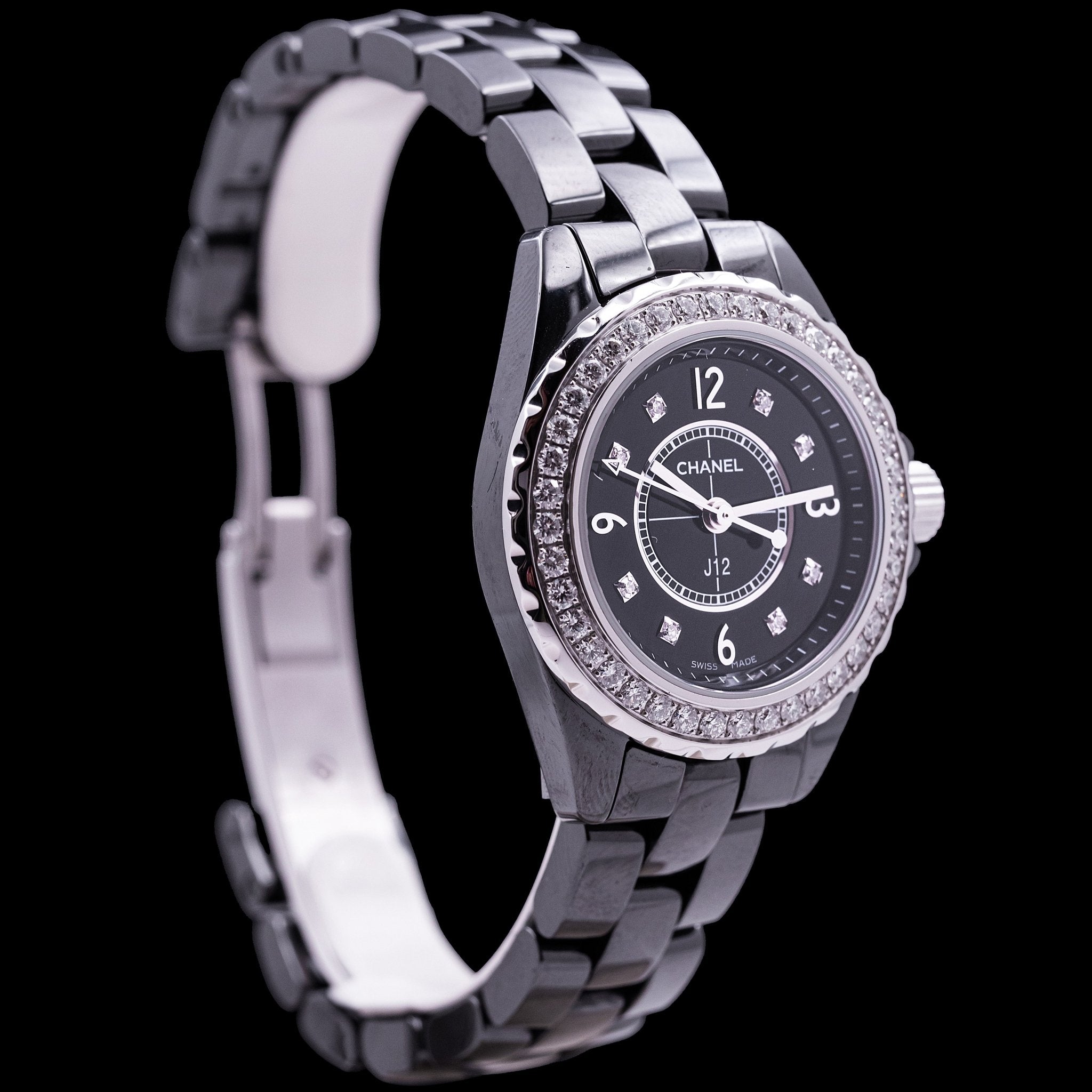 CHANEL J 12 NOIRE FEMME LUNETTE DIAMANTS - montre vintage - Contre - Temps Paris