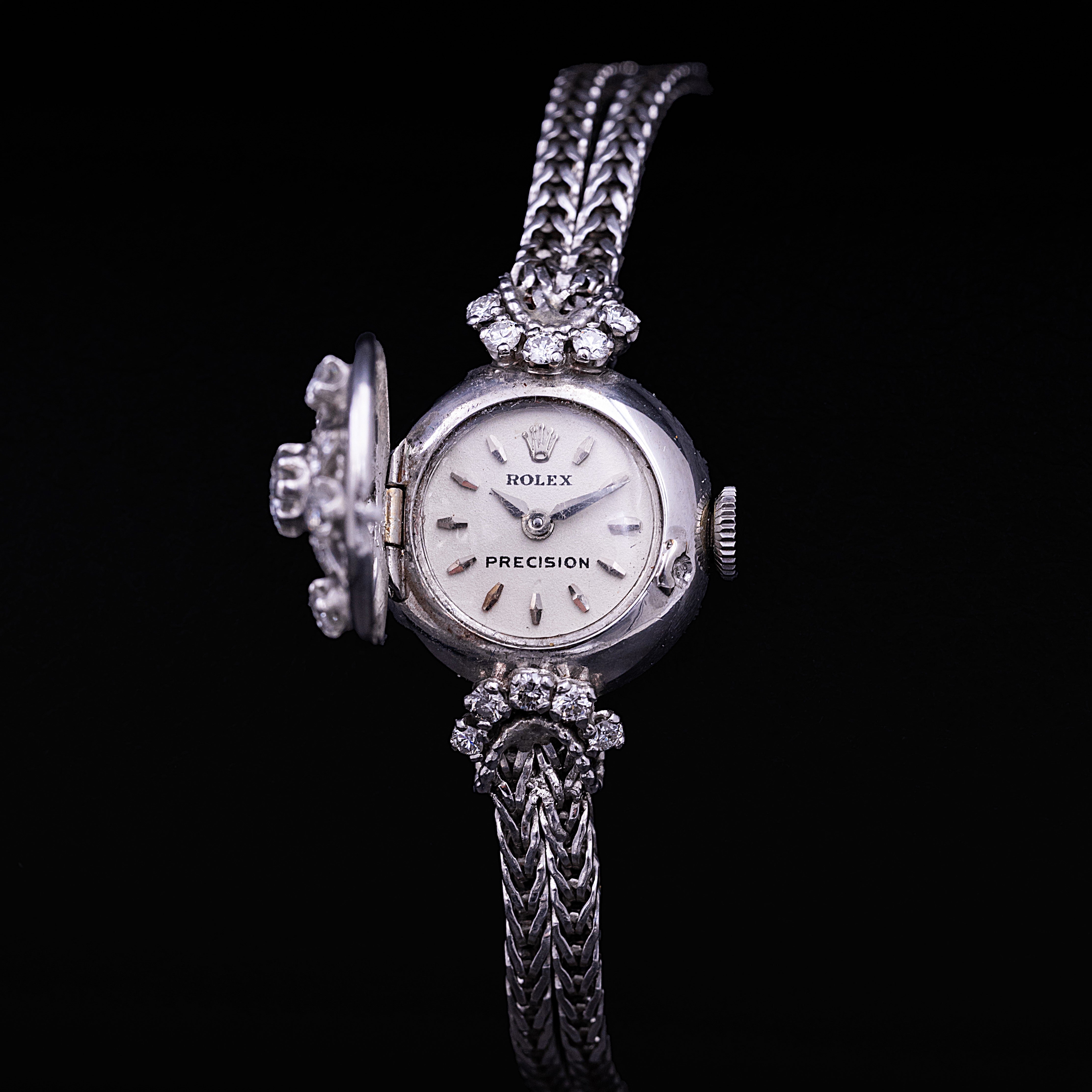 Rolex Precision à capot, Or blanc et diamants, années 50