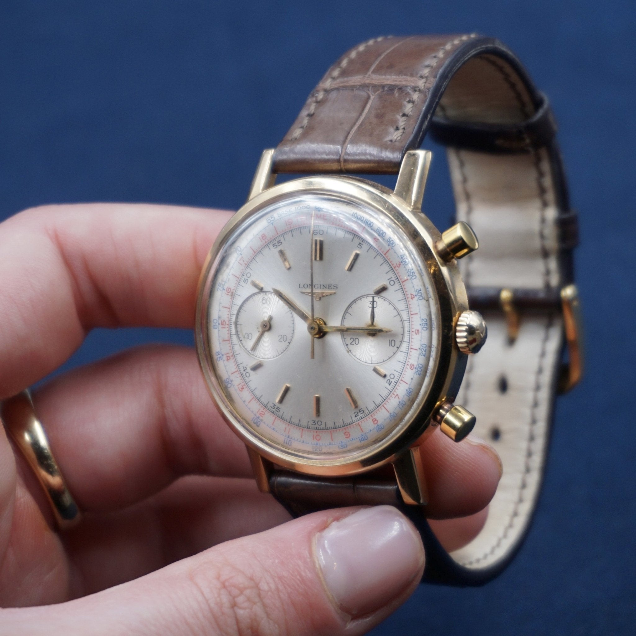 LONGINES CHRONOGRAPHE FLYBACK OR ROSE - montre vintage - Contre - Temps Paris