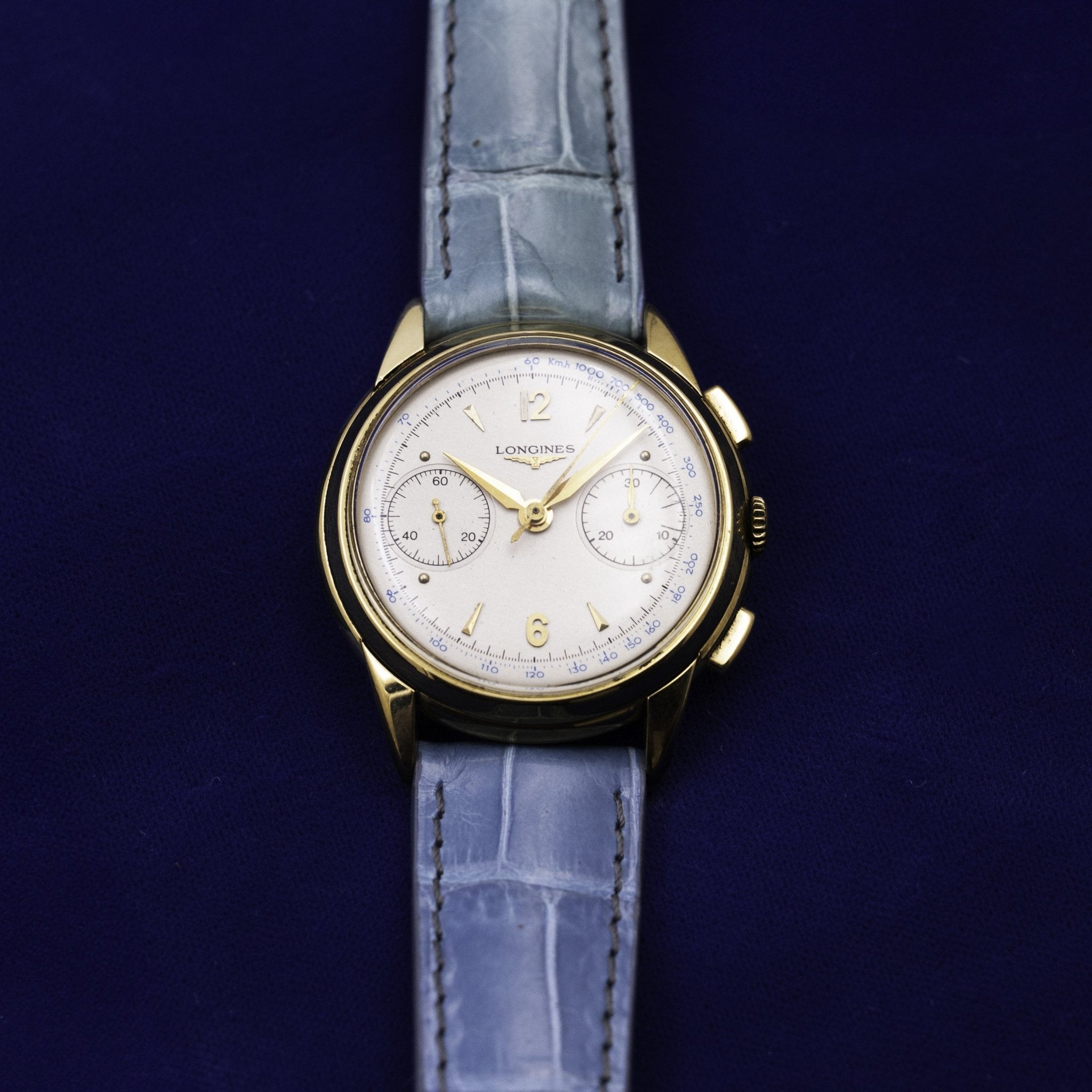 LONGINES CHRONOGRAPHE FLY - BACK OR JAUNE - montre vintage - Contre - Temps Paris