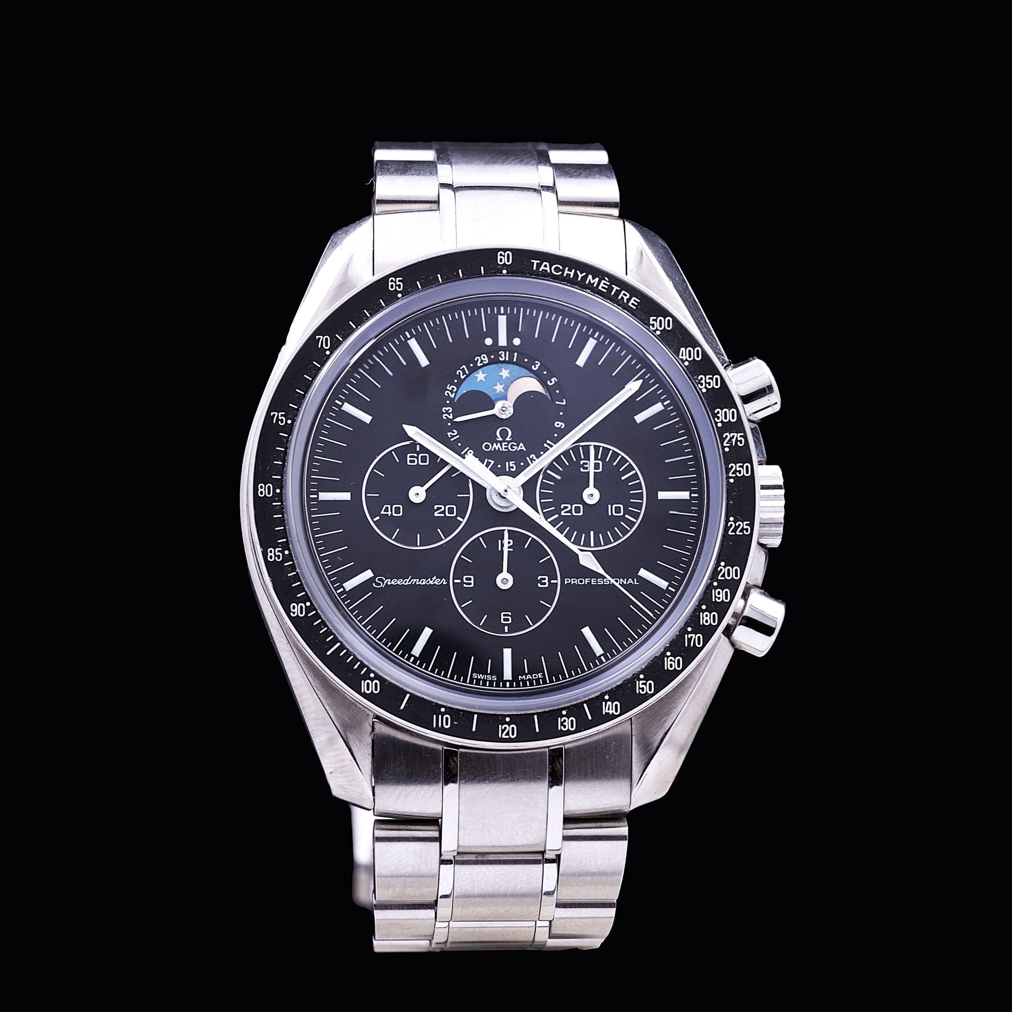 Omega Speedmaster Moonwatch Professional Phase de Lune référence 3576.50, calibre 1866, boîtier acier 42 mm, cadran noir avec phase de lune et date, fond saphir, circa 2005