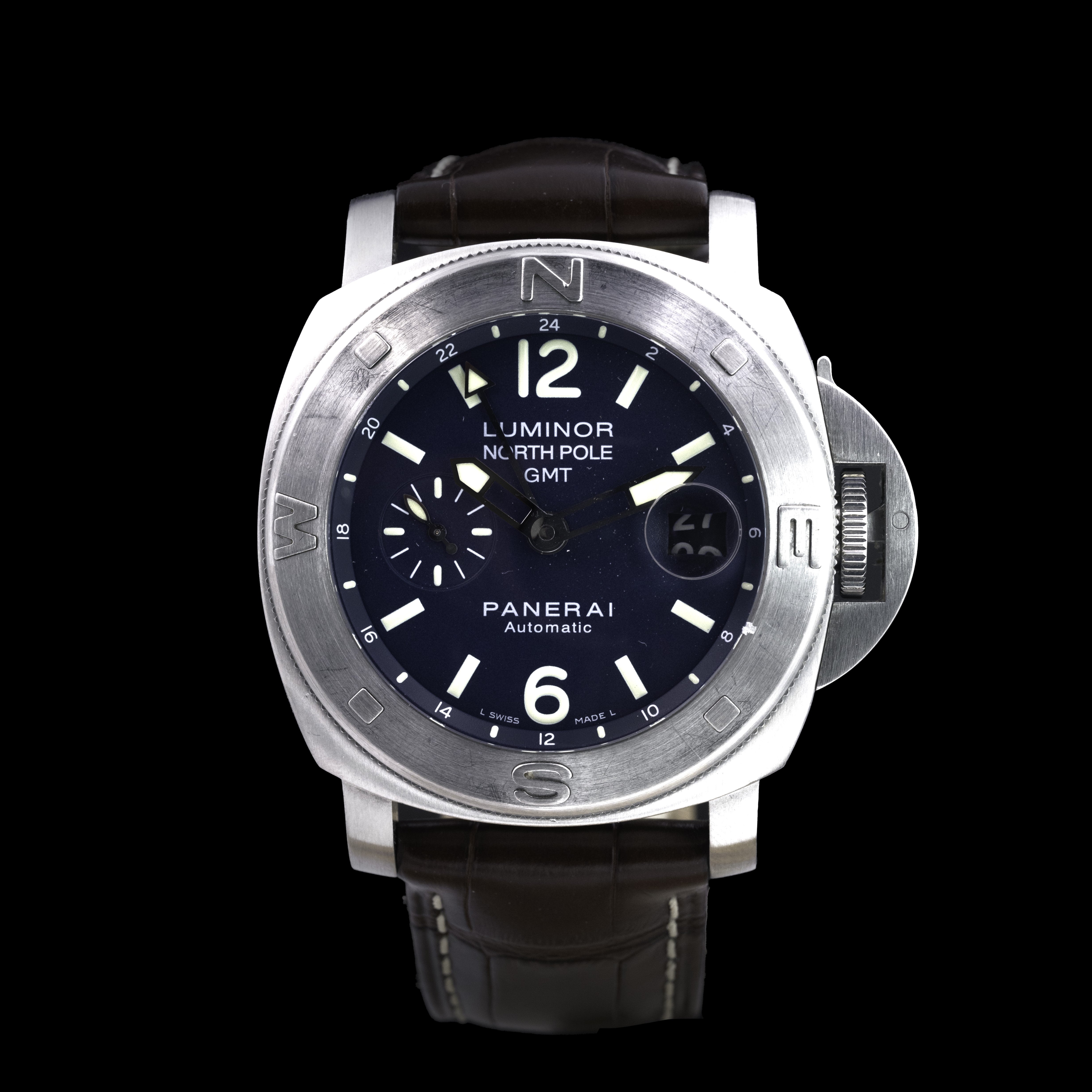 Panerai Luminor North Pole GMT PAM00252 Mike Horn, cadran bleu, lunette boussole, fond gravé Pôle Nord