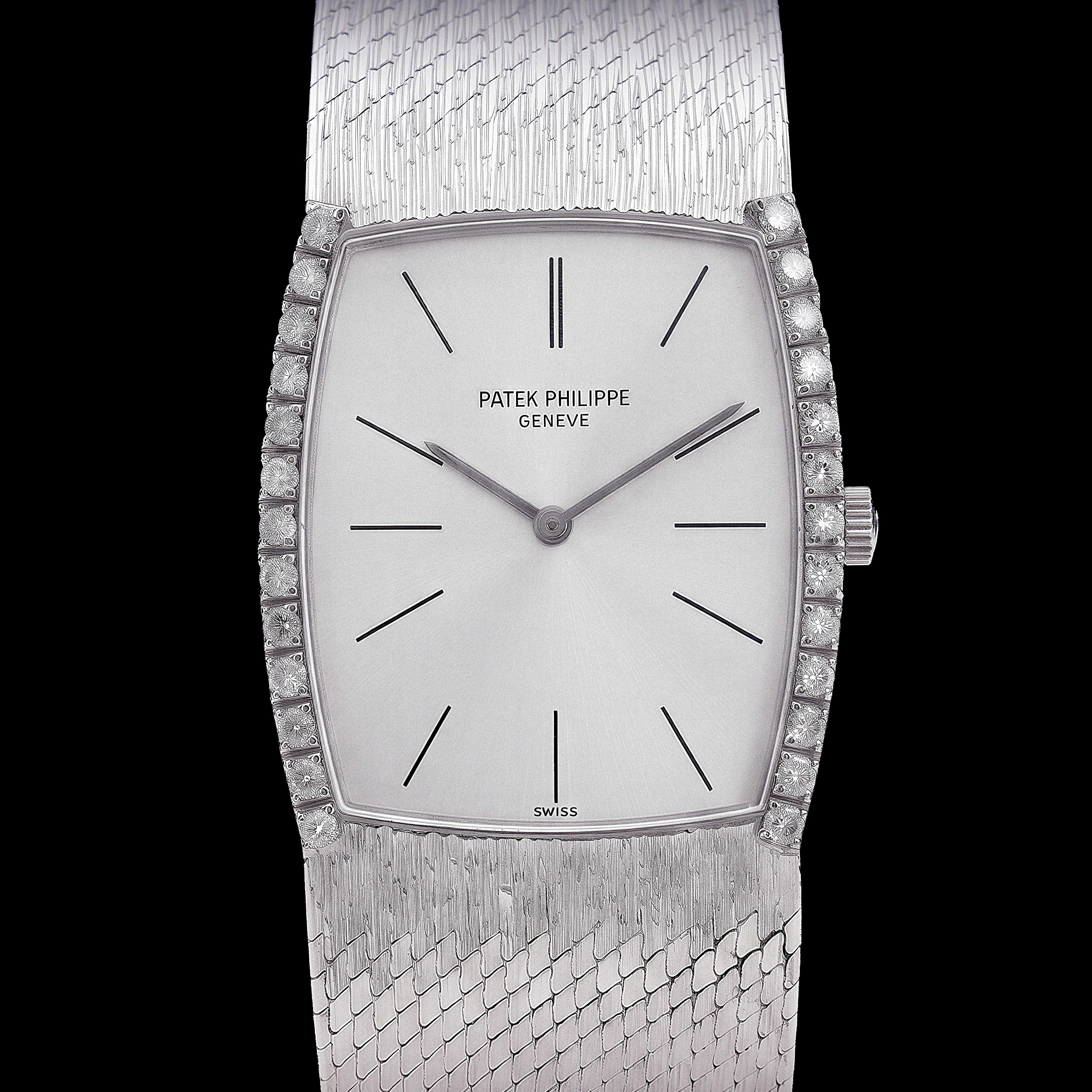Patek Philippe Gondolo Gemma Ref. 3528/4 or blanc, brancards diamants, cadran silver, bracelet maille