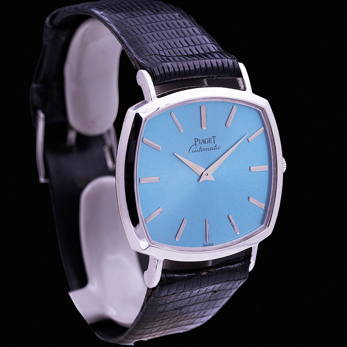 Piaget Coussin Cambré Or Blanc Cadran Turquoise Ref. 12406, années 70 - montre vintage - Contre-Temps Paris