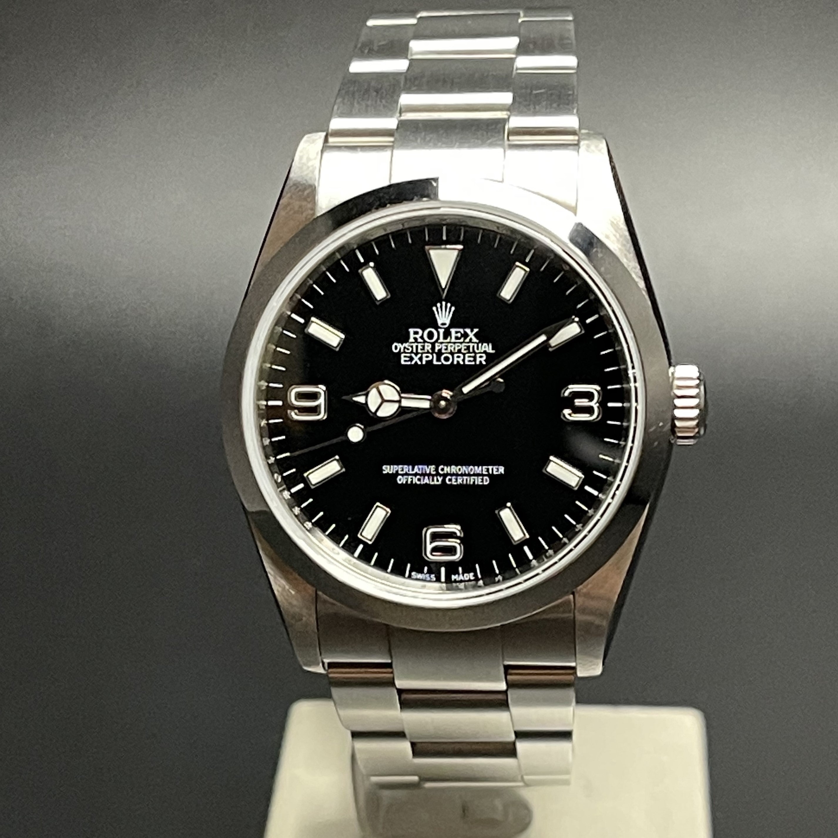 Rolex Explorer I vintage self-winding watch ref 114270 in 36 mm steel case on Oyster strap from 2002 face view