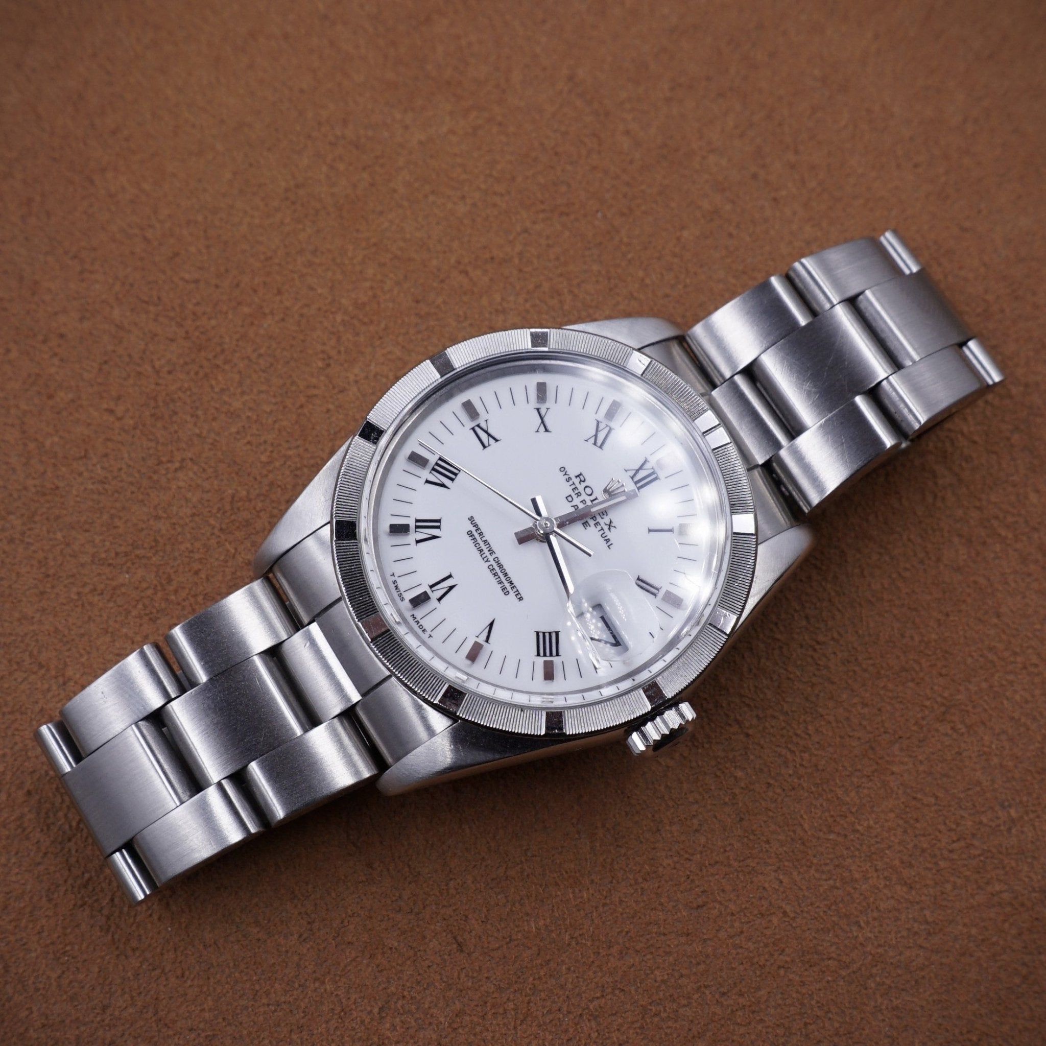 Rolex Oyster Perpetual Date reference 15010, steel, striated bezel, white porcelain Roman numerals dial, ca. 1987
