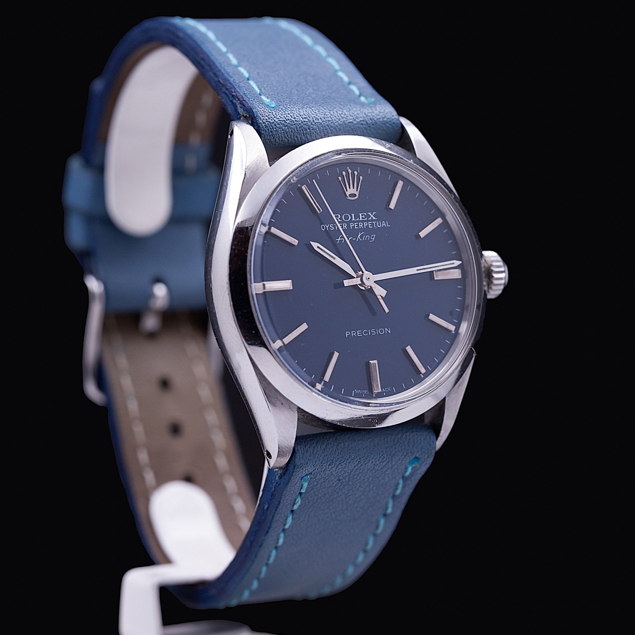 Rolex Oyster Perpetual Air-King reference 5500, steel, custom blue dial, blue leather strap, ca. 1981