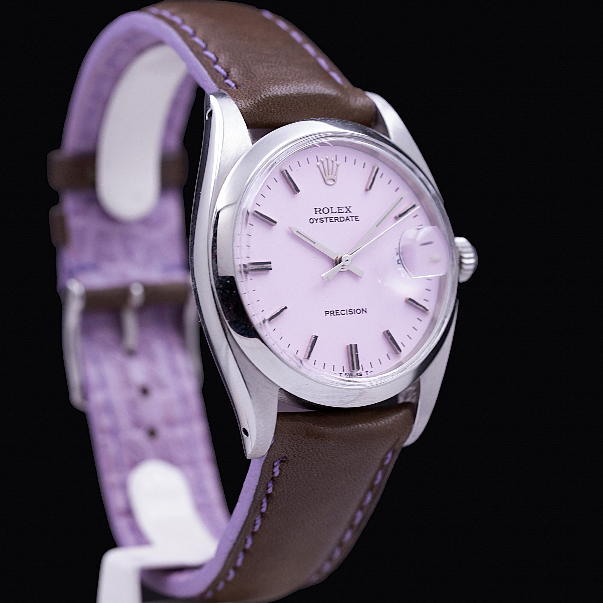 Rolex Oysterdate Precision Ref. 6494 with custom mauve dial on brown leather strap. Contre - Temps Paris