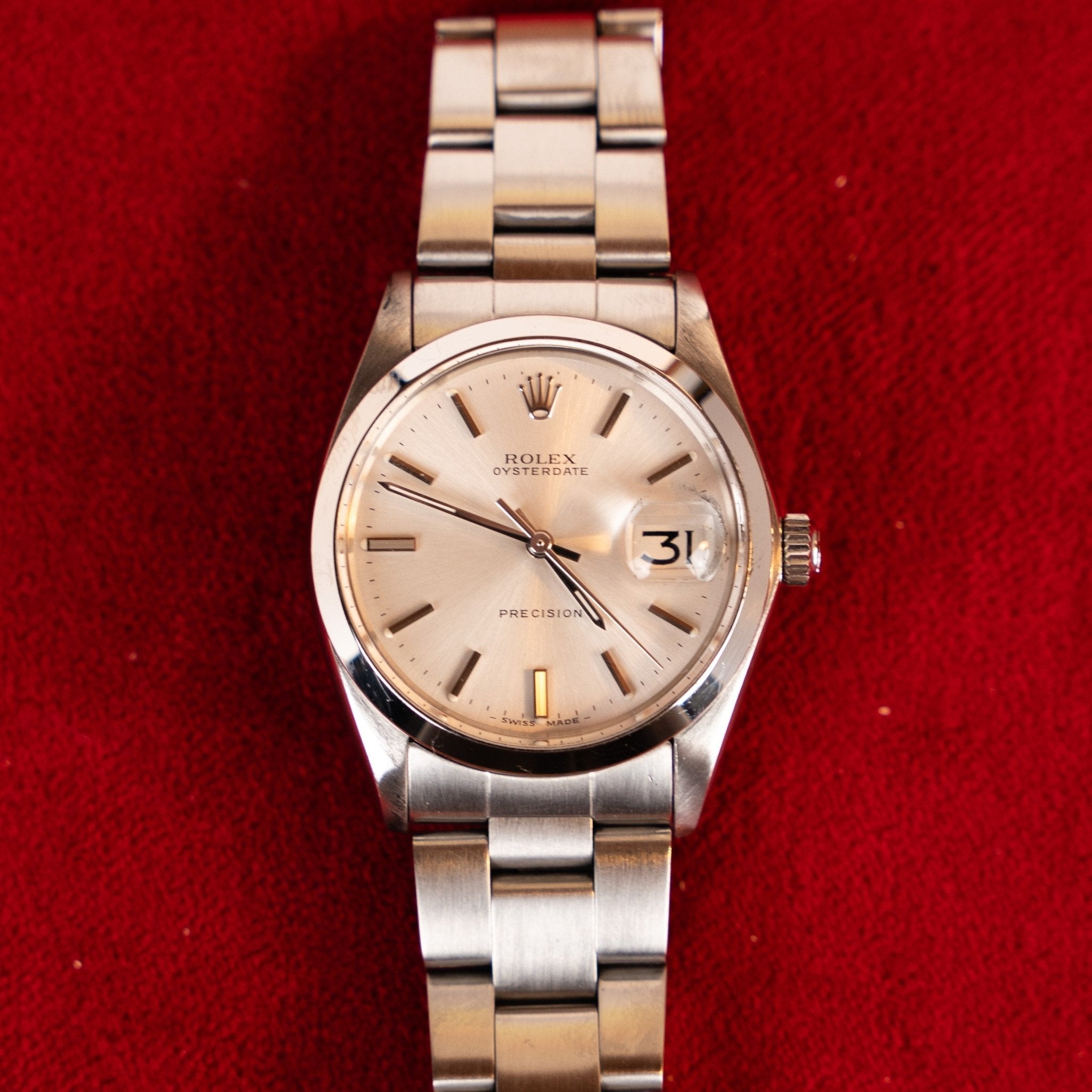 Rolex Oysterdate Precision Ref. 6694, acier, cadran argent sunburst, indexes bâton en applique, bracelet Oyster acier, années 70
