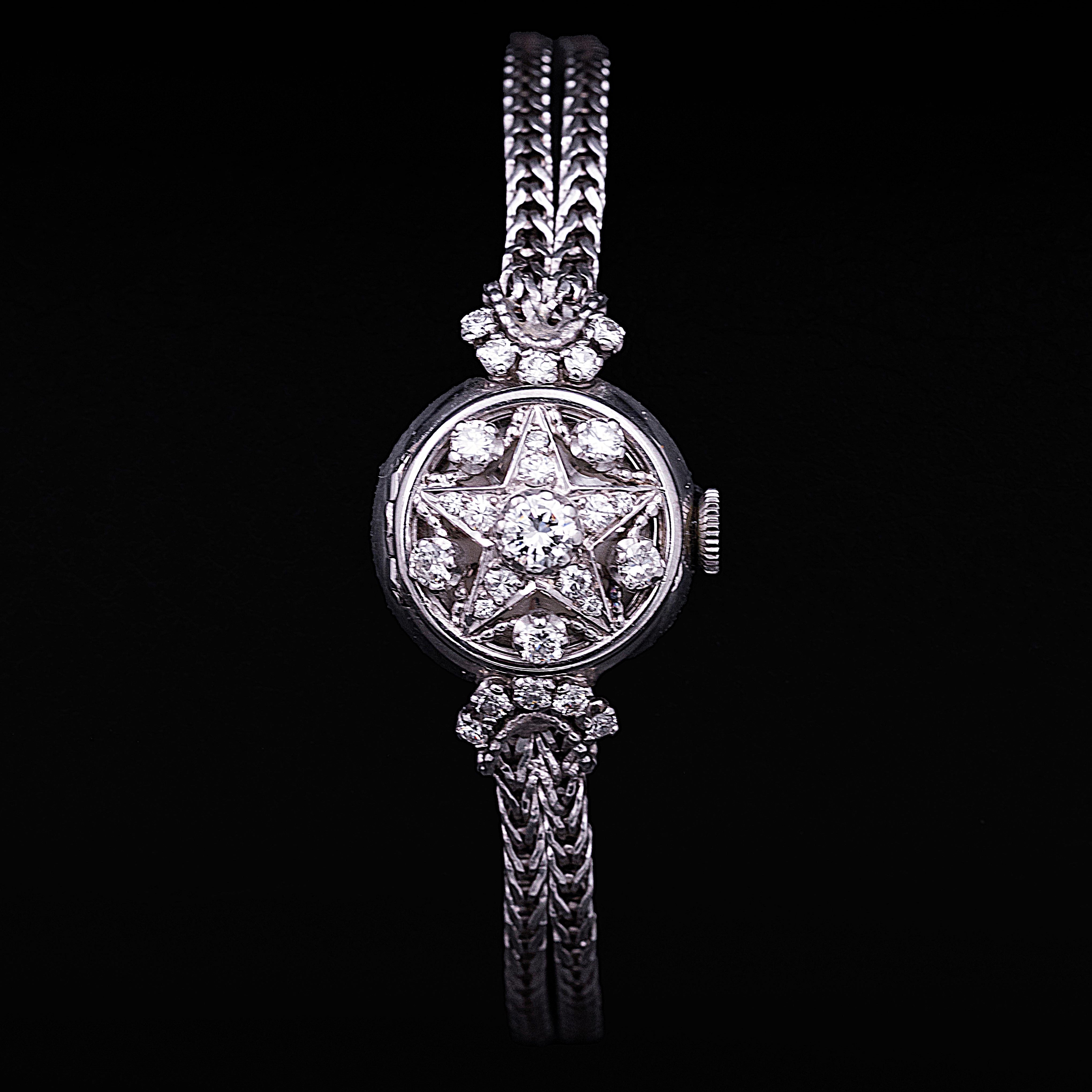 Rolex Precision hinged-cover jewellery watch white gold diamonds ecru dial 1950s